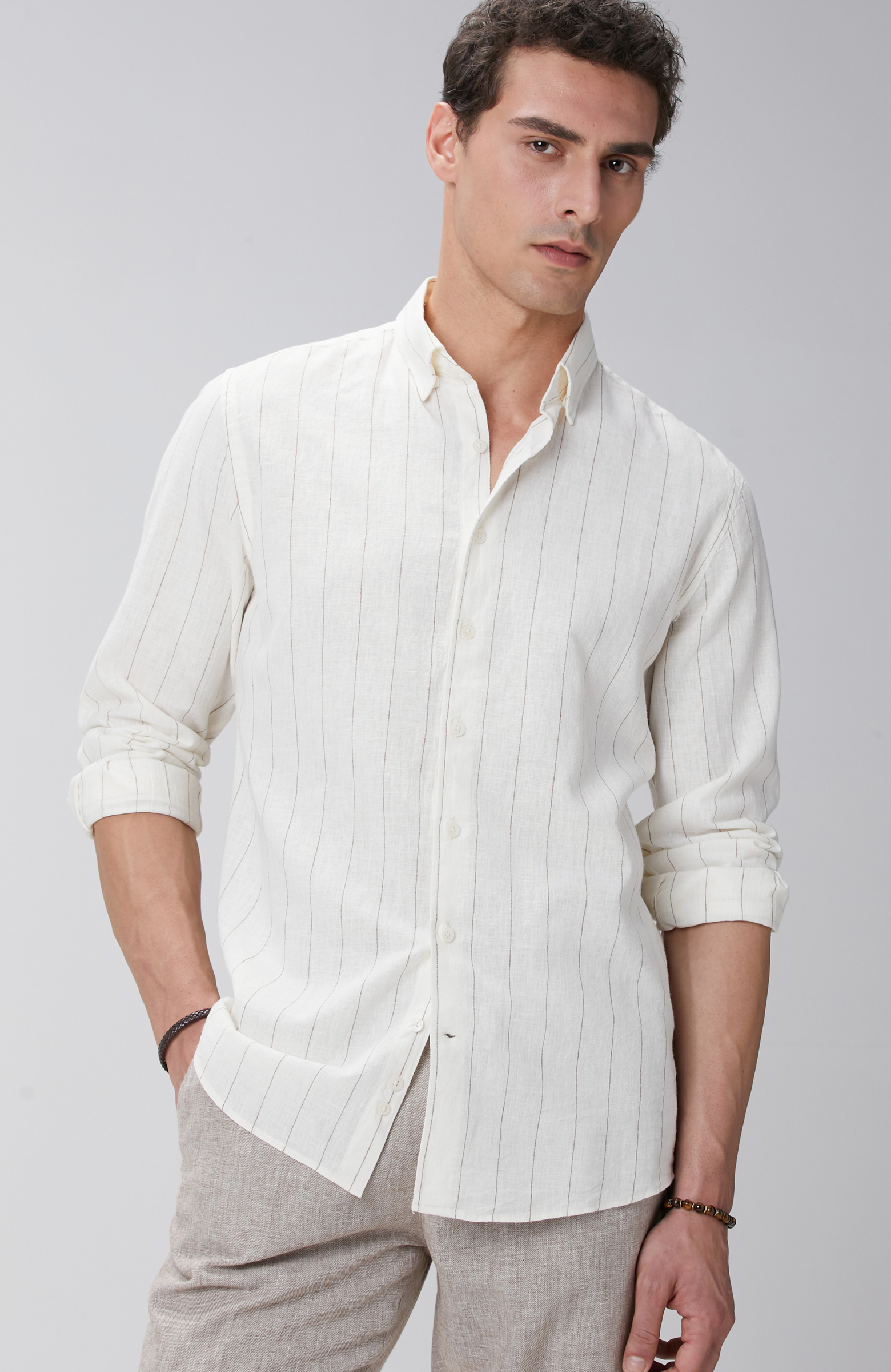 Kırık Beyaz Çizgi Desenli Keten Gömlek