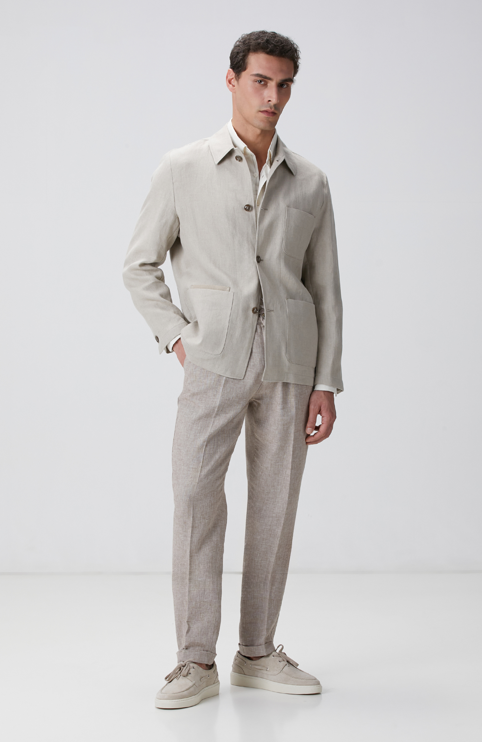 Kırık Beyaz Çizgi Desenli Keten Gömlek