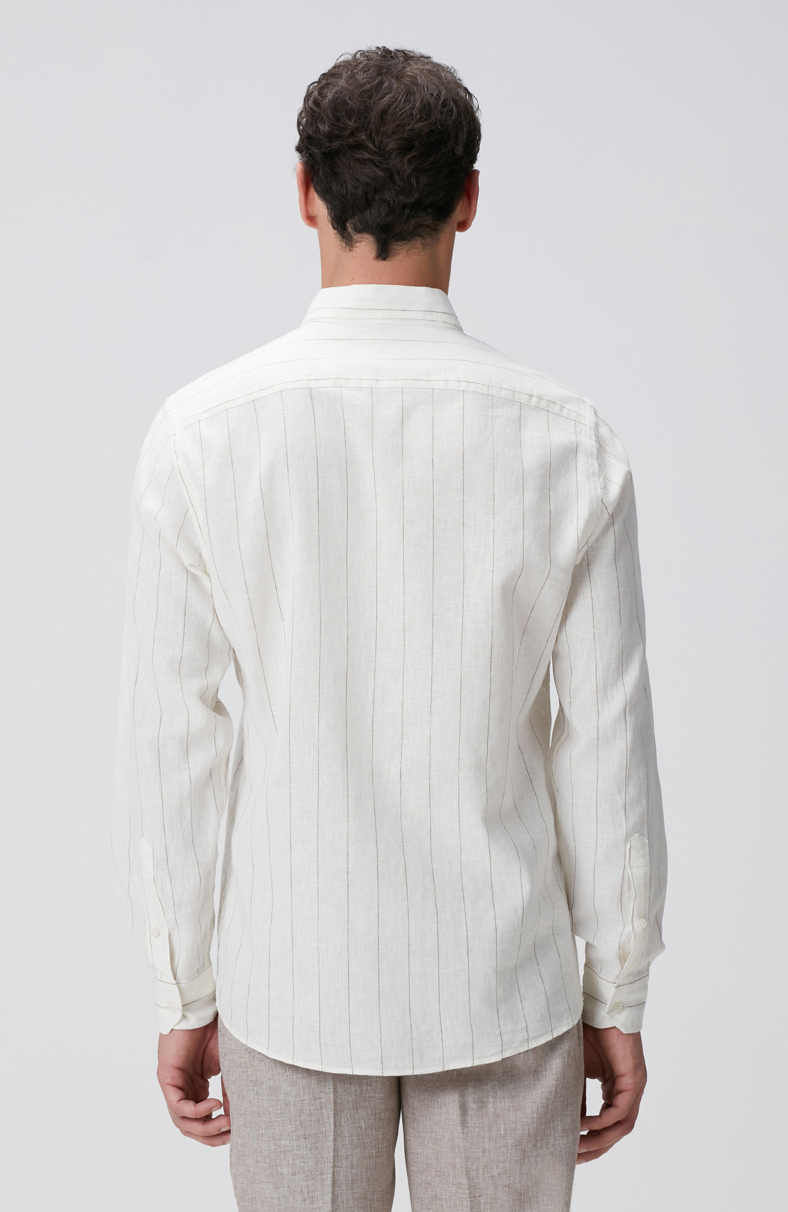 Kırık Beyaz Çizgi Desenli Keten Gömlek