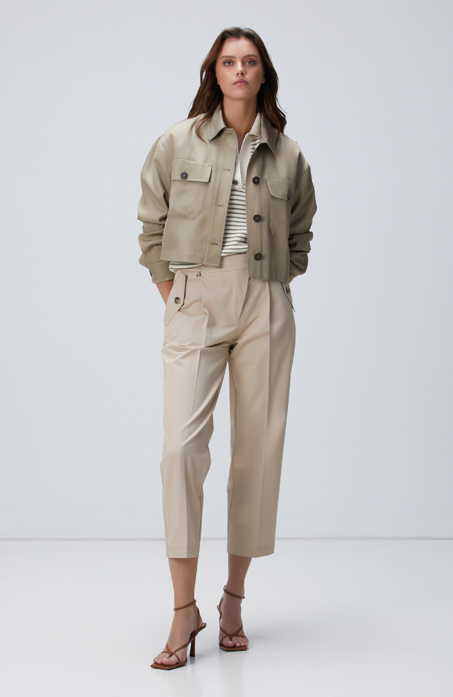 Ekru Haki Polo Yaka Çizgili Triko