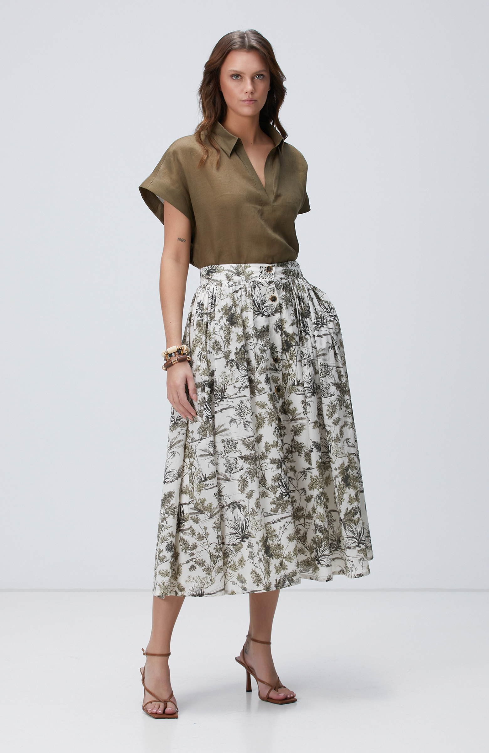 Haki Desenli Midi Etek