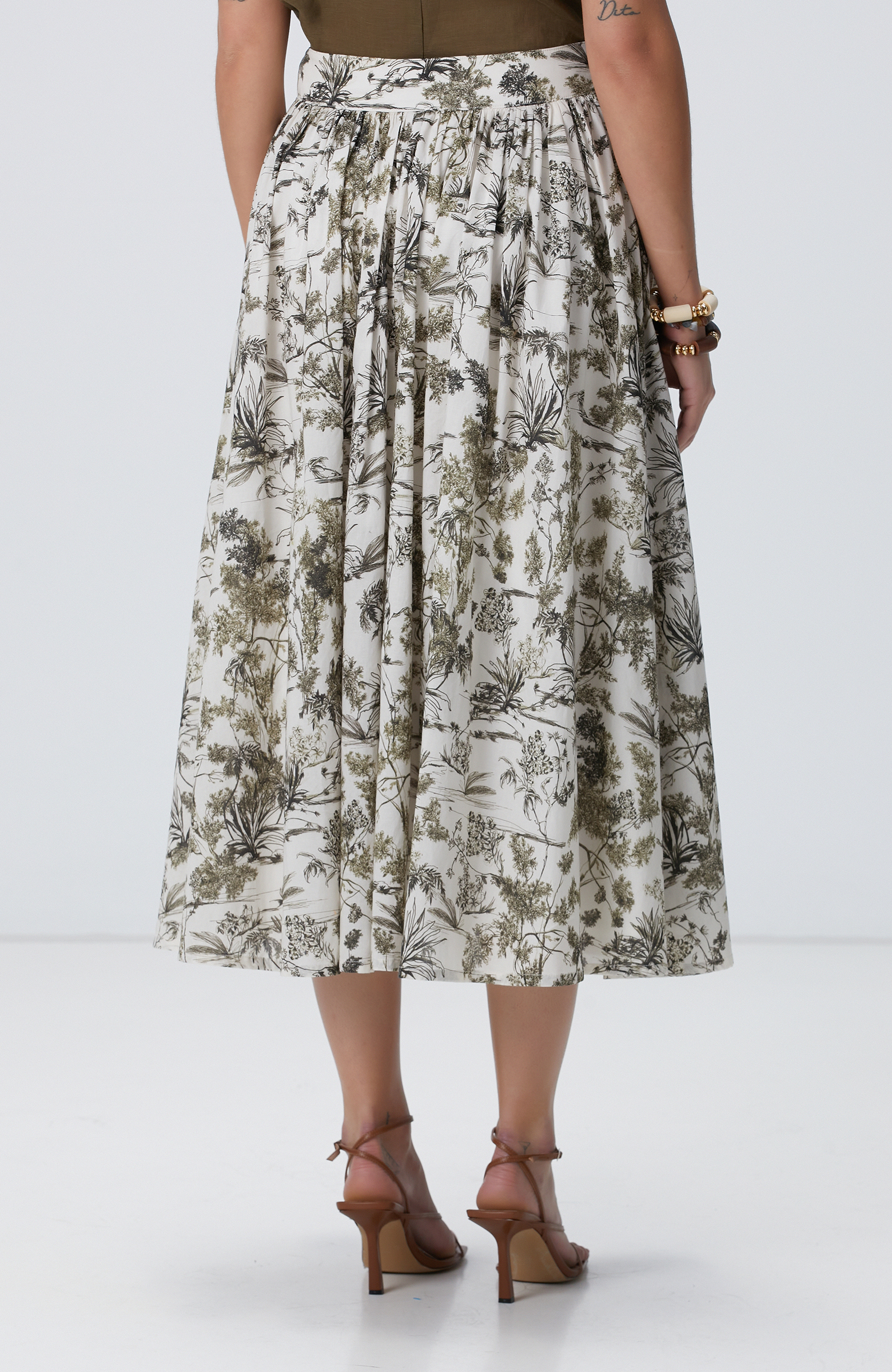 Haki Desenli Midi Etek