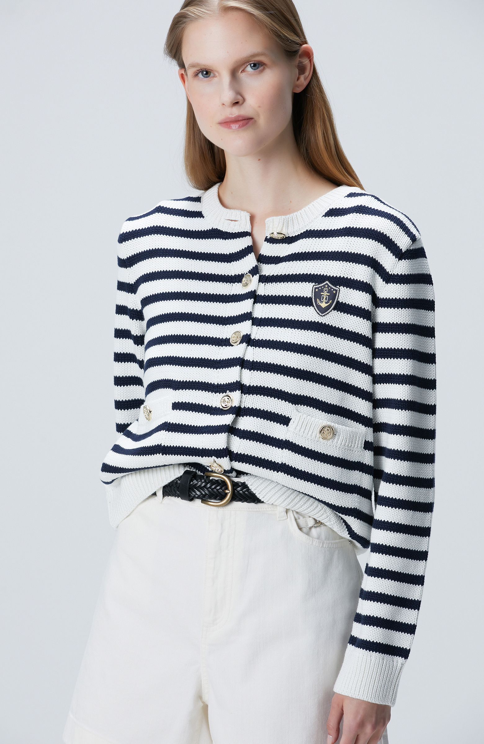 Lacivert Beyaz Çizgili Triko Ceket