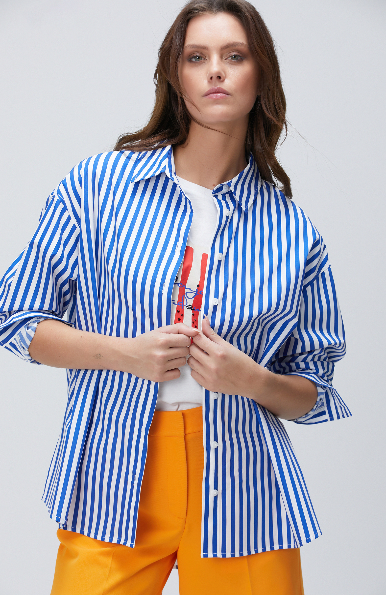 Saks Çizgili Gömlek