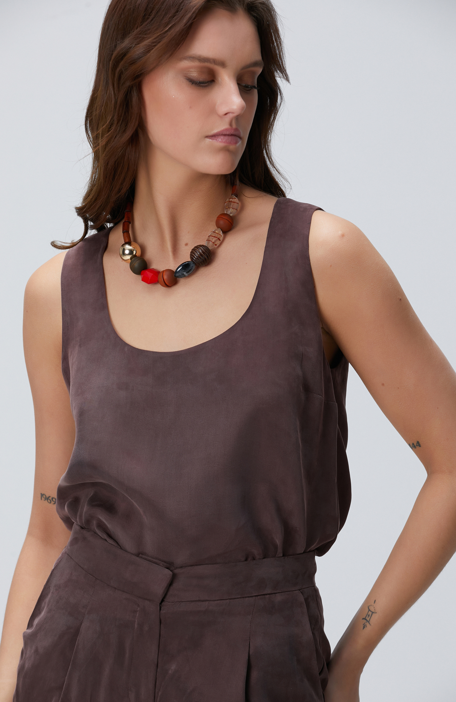 Kahverengi Cupro Bluz 