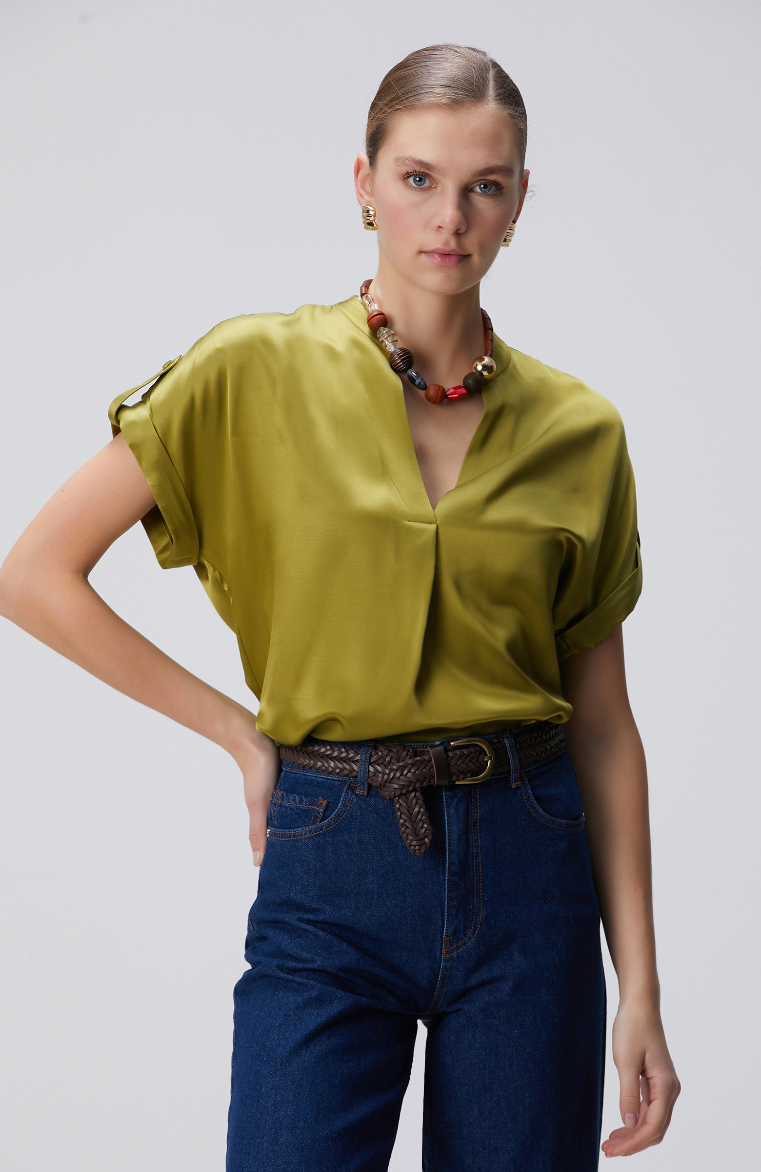 Yağ Yeşili Viskon Bluz