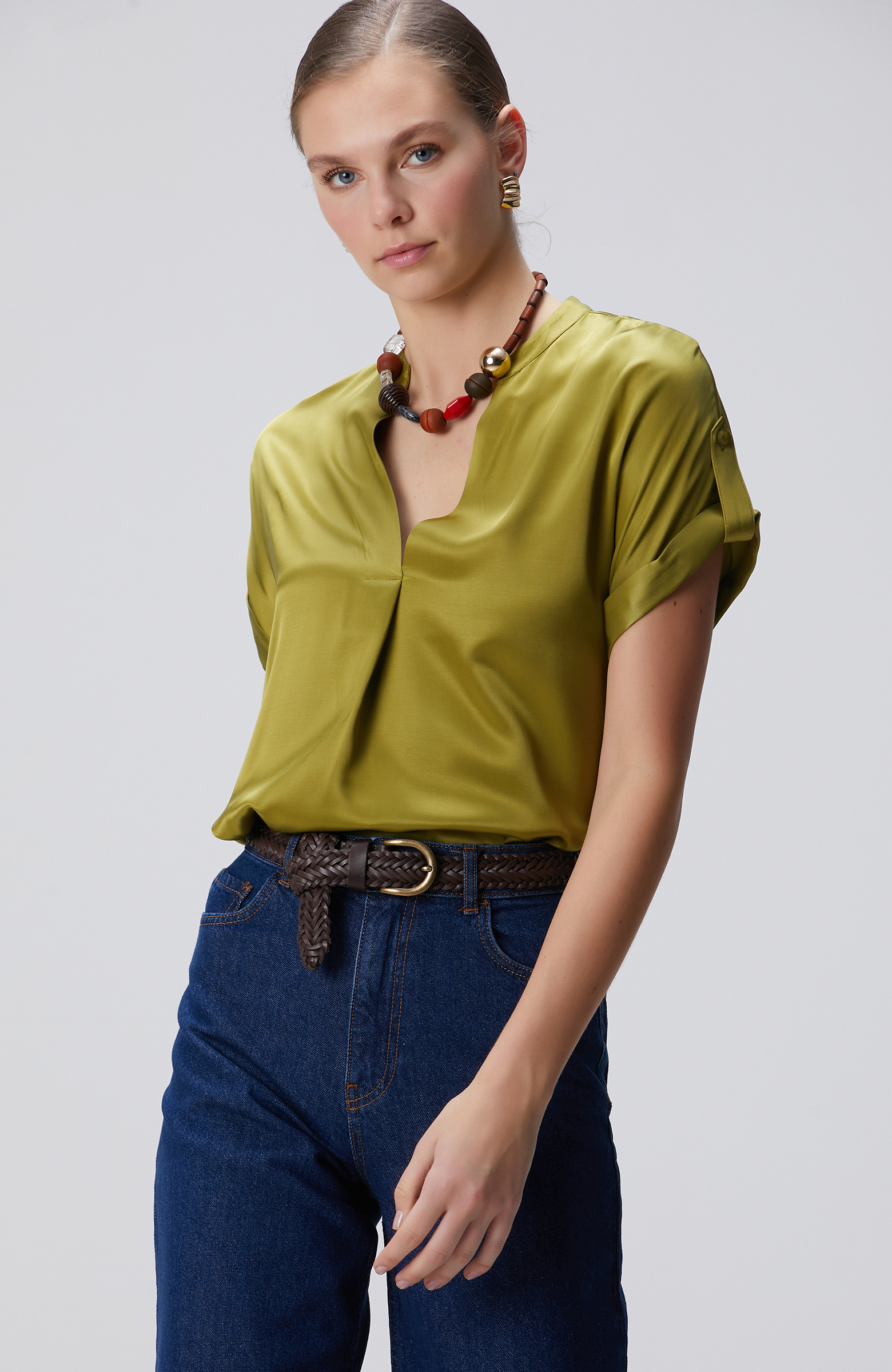 Yağ Yeşili Viskon Bluz