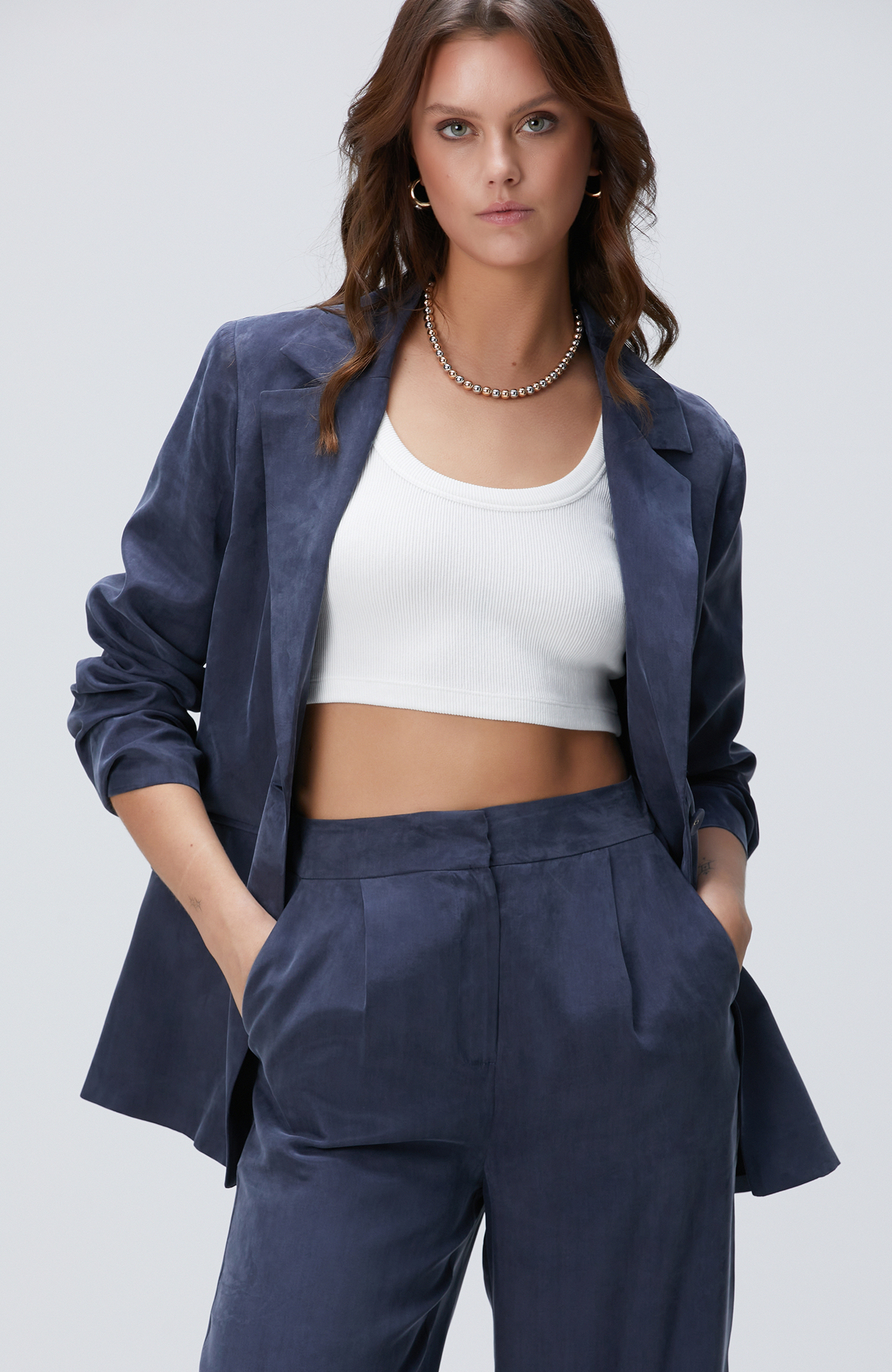 Lacivert Cupro Blazer Ceket