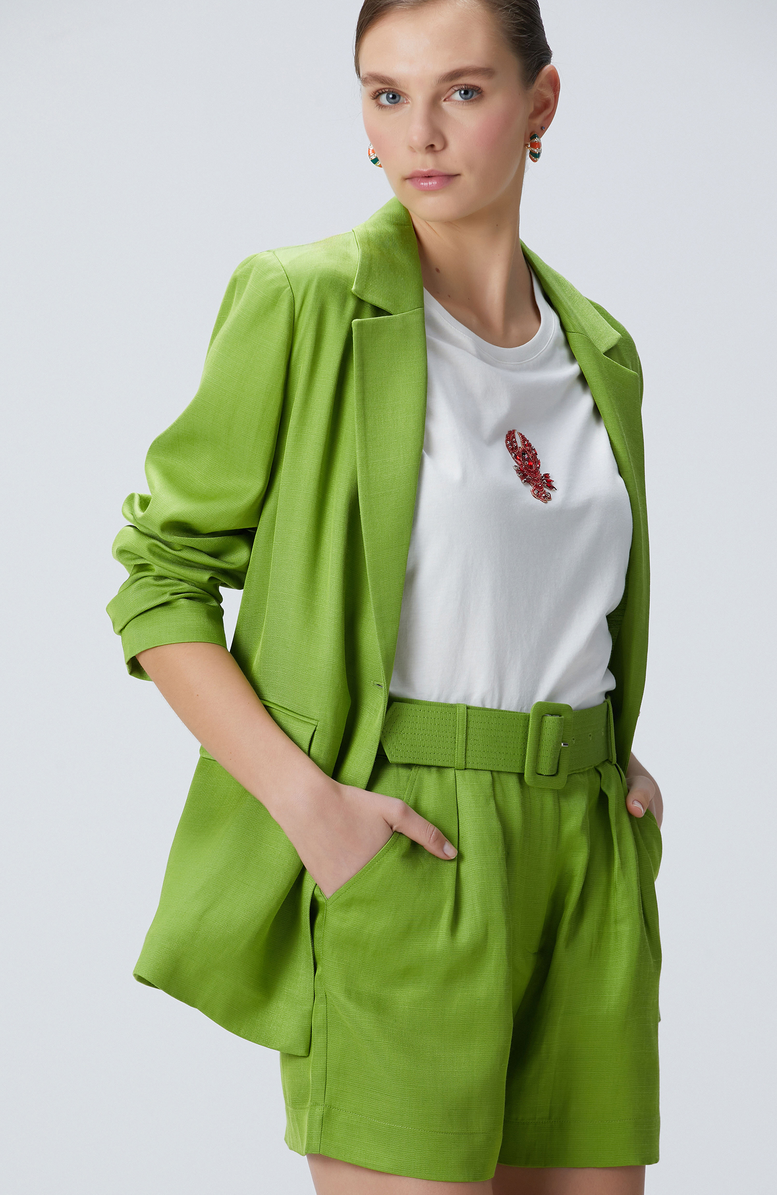 Fıstık Yeşili Keten Karışımlı Ceket