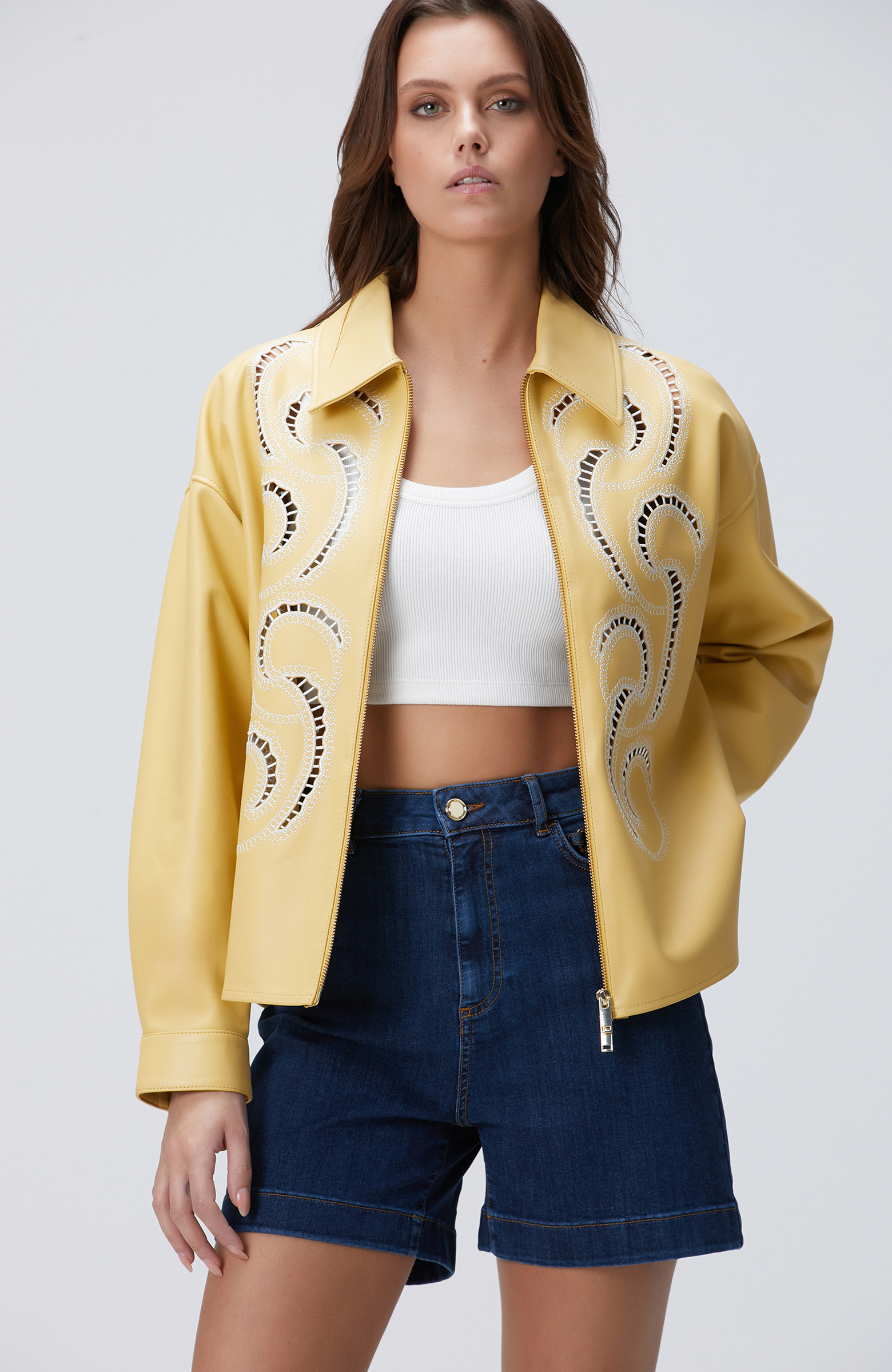 Limited Sarı Nakışlı Deri Mont