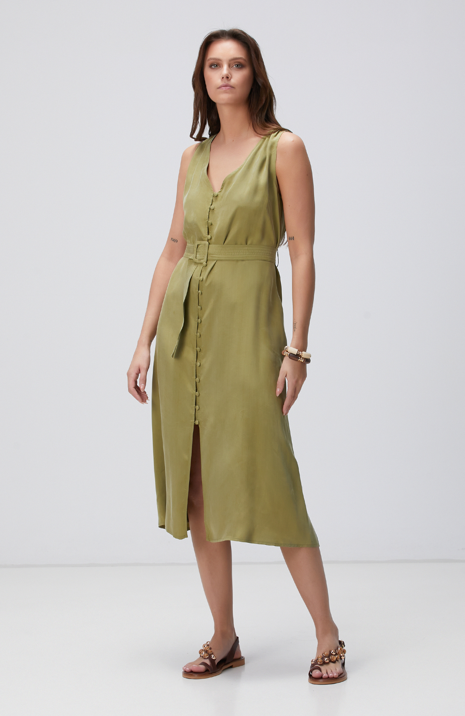 Yağ Yeşili Midi Elbise