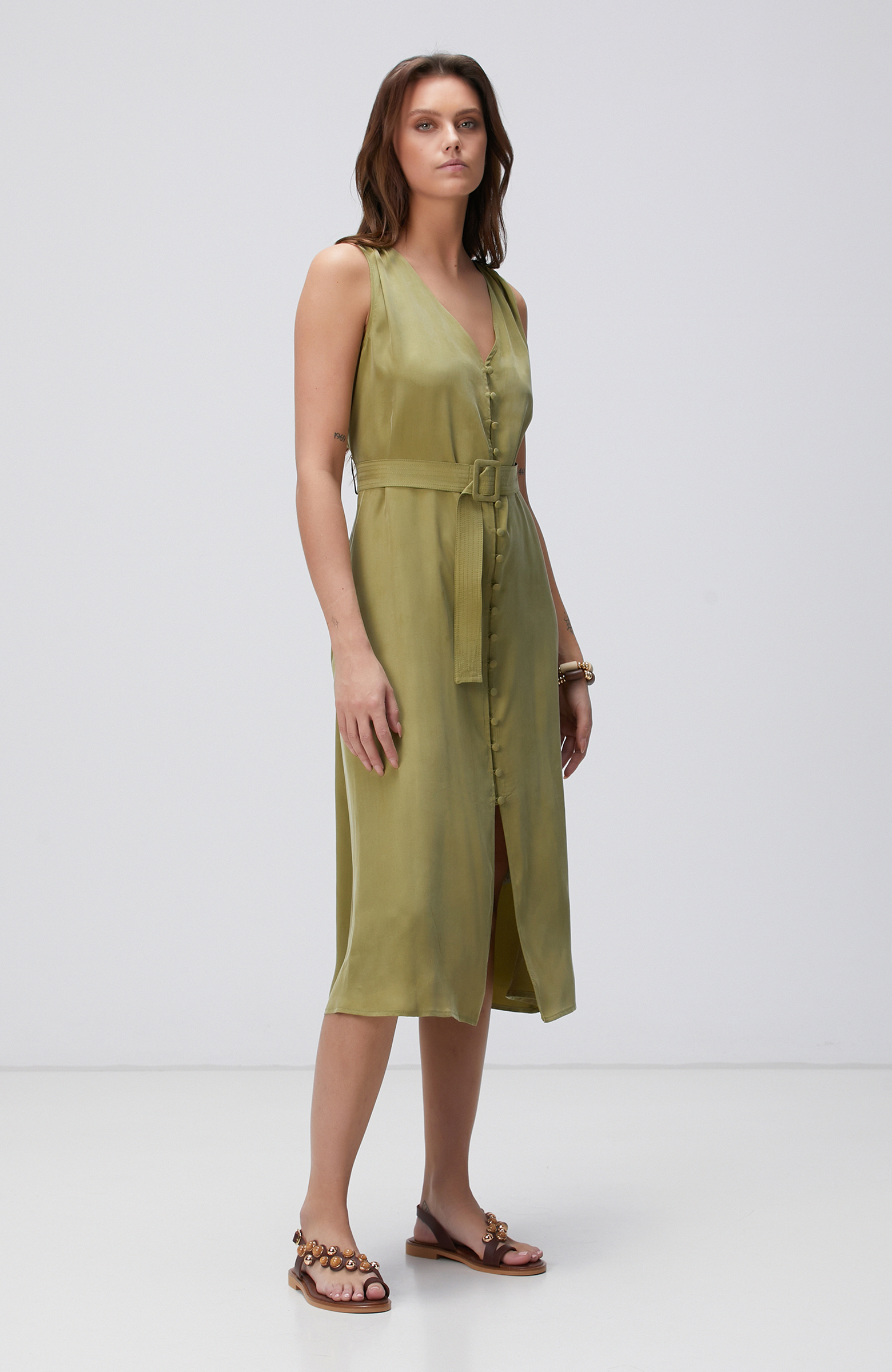 Yağ Yeşili Midi Elbise