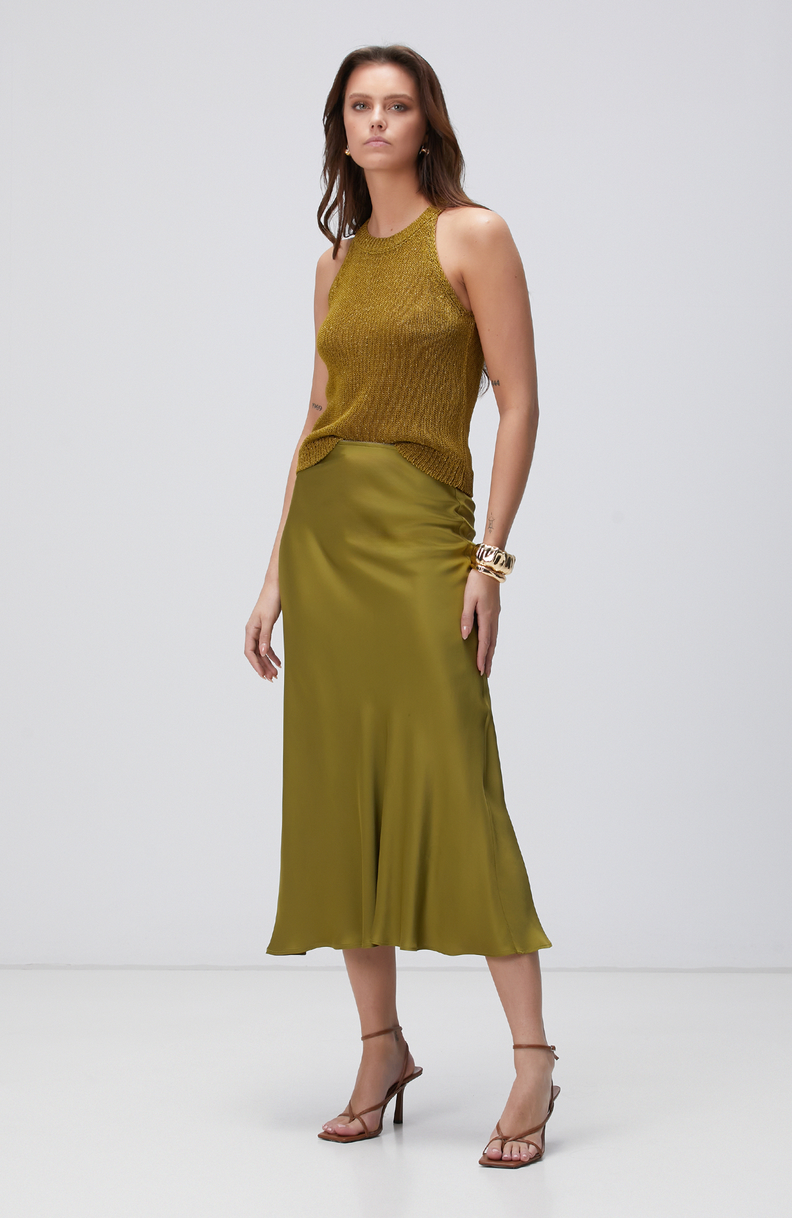 Yağ Yeşili Maxi Saten Etek