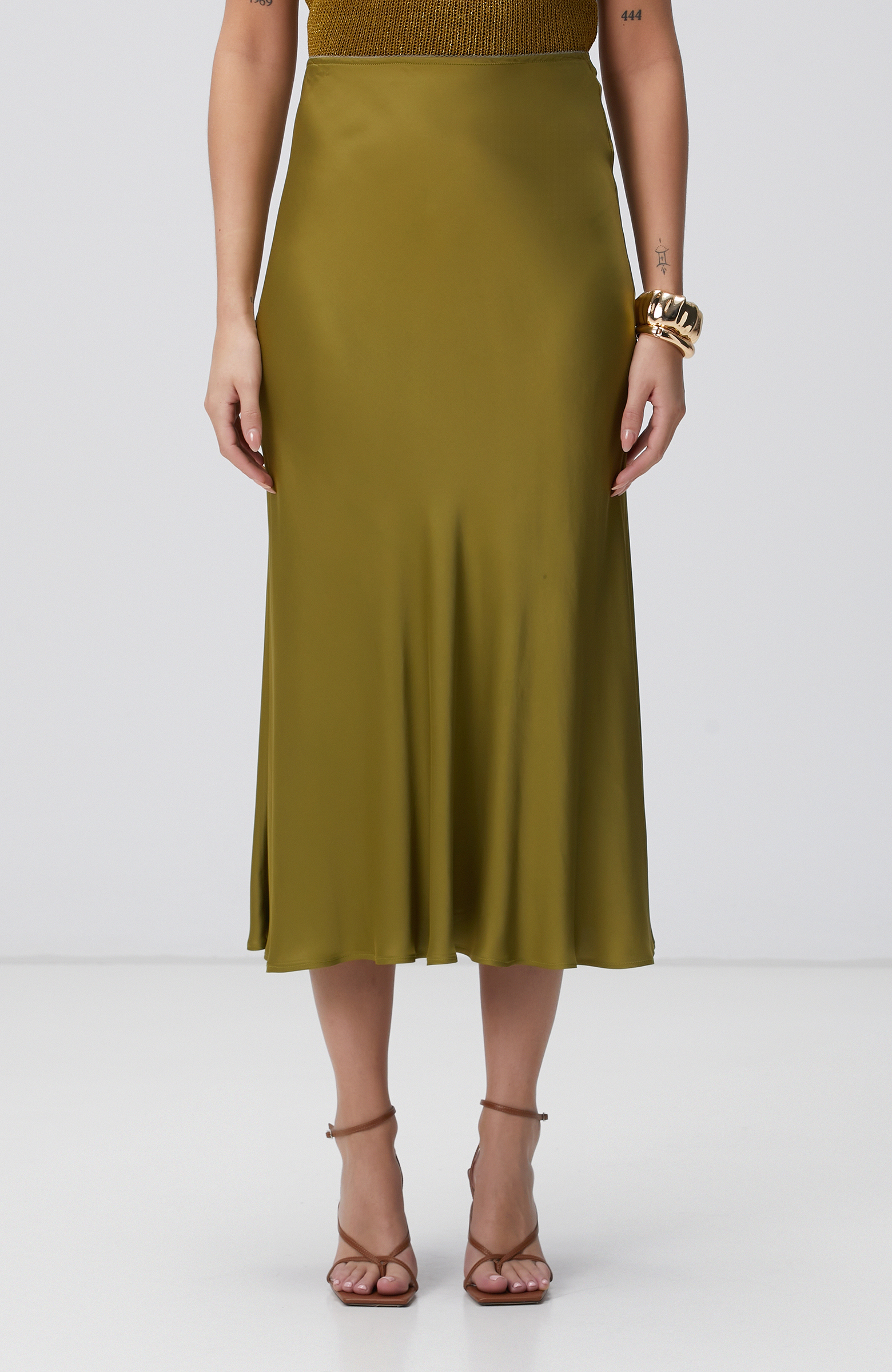 Yağ Yeşili Maxi Saten Etek