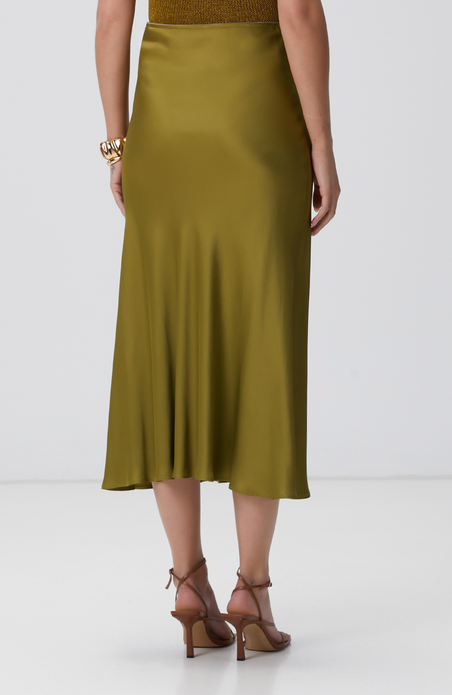 Yağ Yeşili Maxi Saten Etek