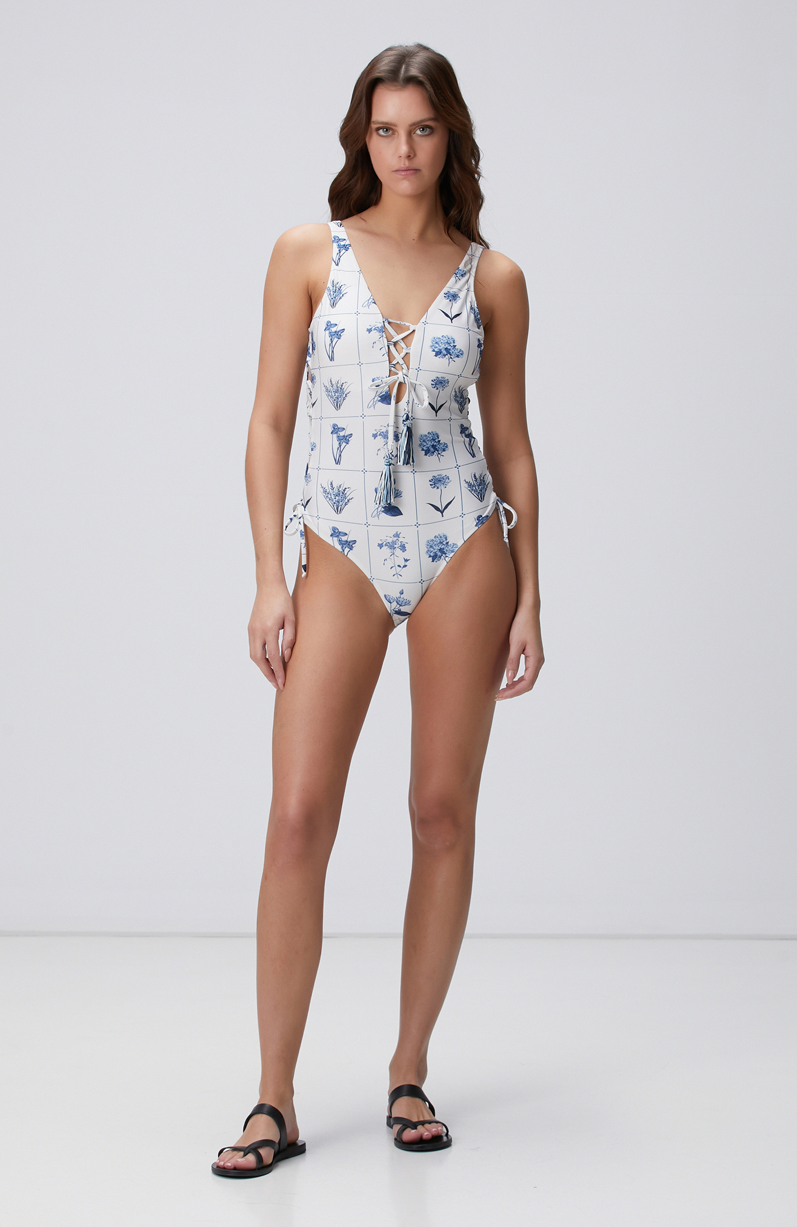 Ekru Çiçek Desenli Mayo