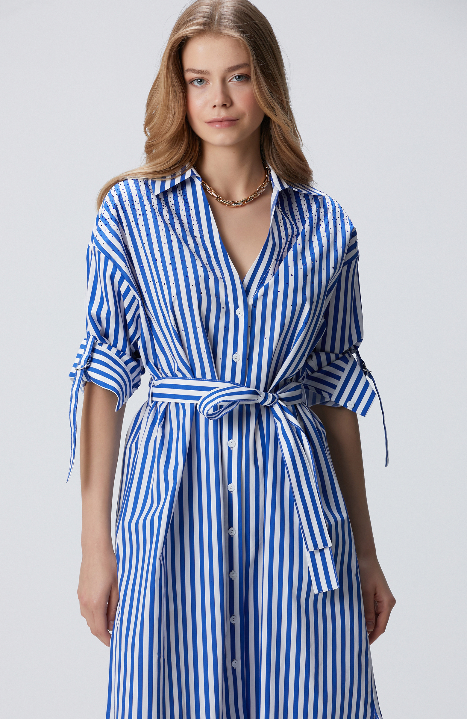 Saks Beyaz Taş Baskılı Midi Elbise