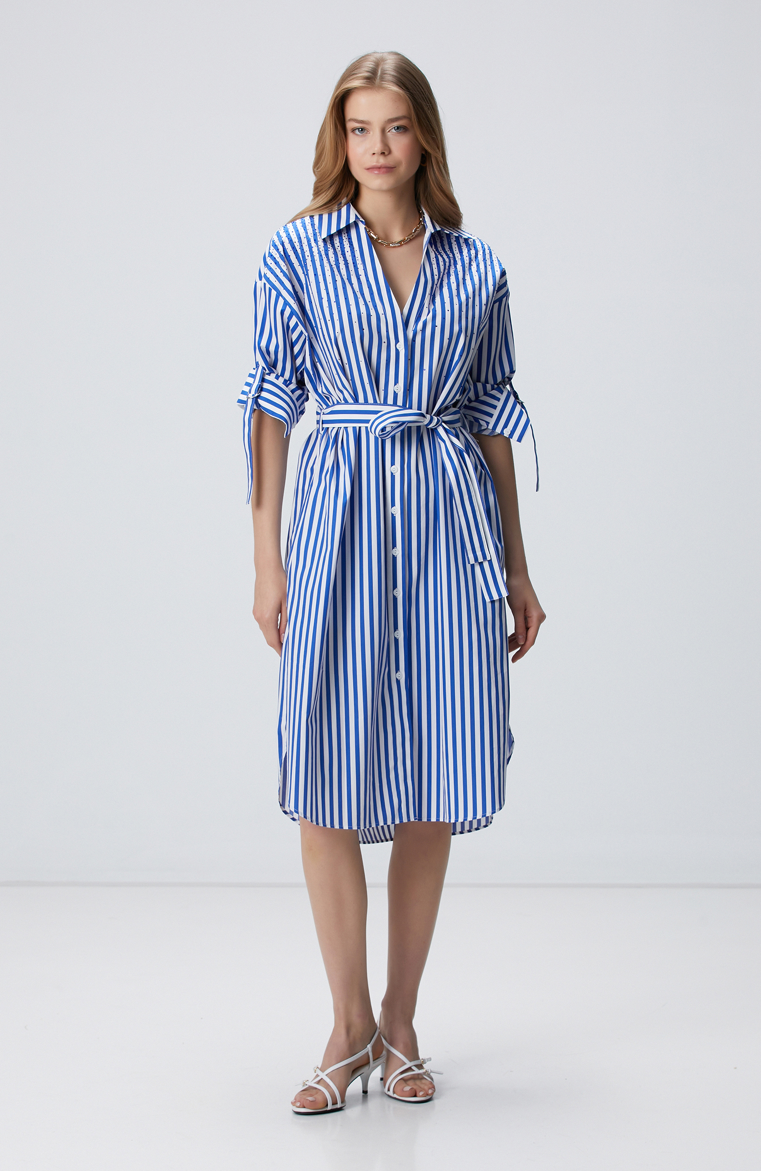 Saks Beyaz Taş Baskılı Midi Elbise