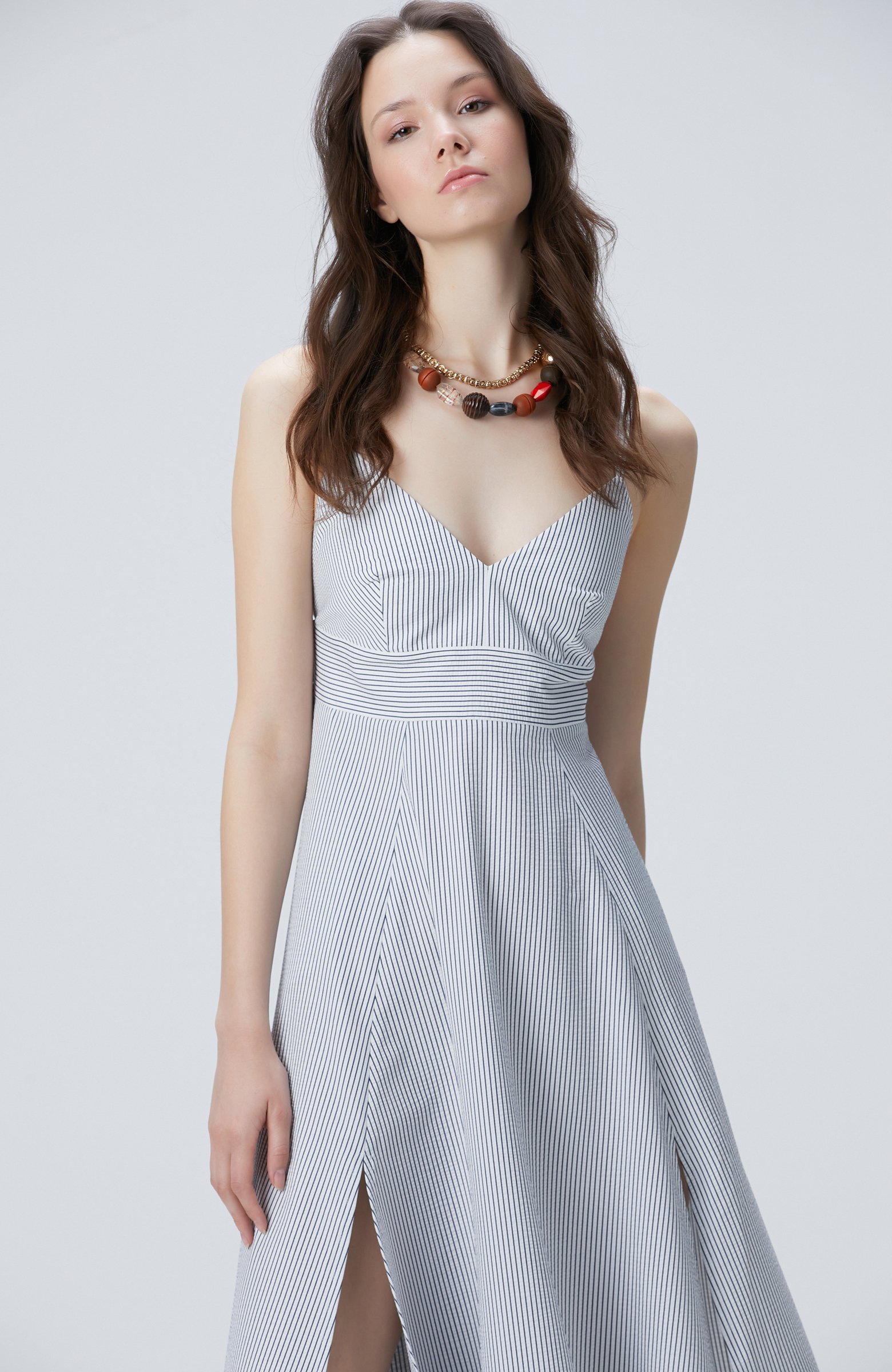 Lacivert Kırık Beyaz Çizgili Midi Elbise