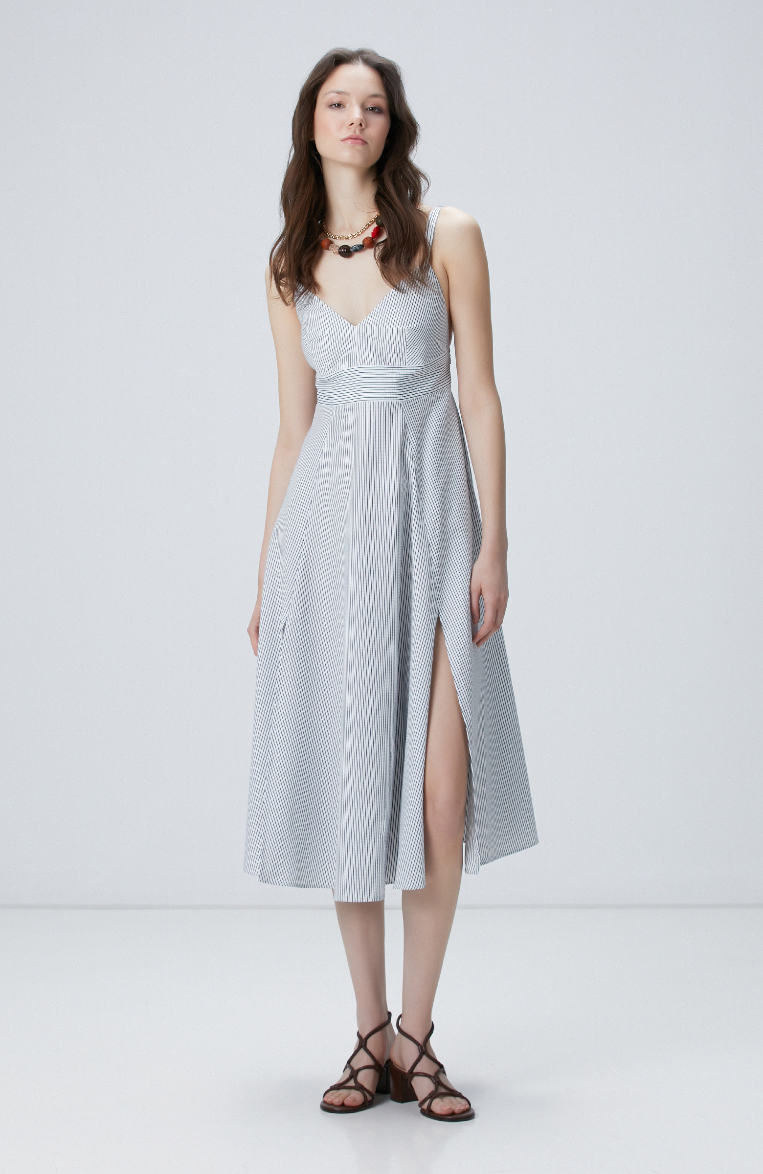 Lacivert Kırık Beyaz Çizgili Midi Elbise