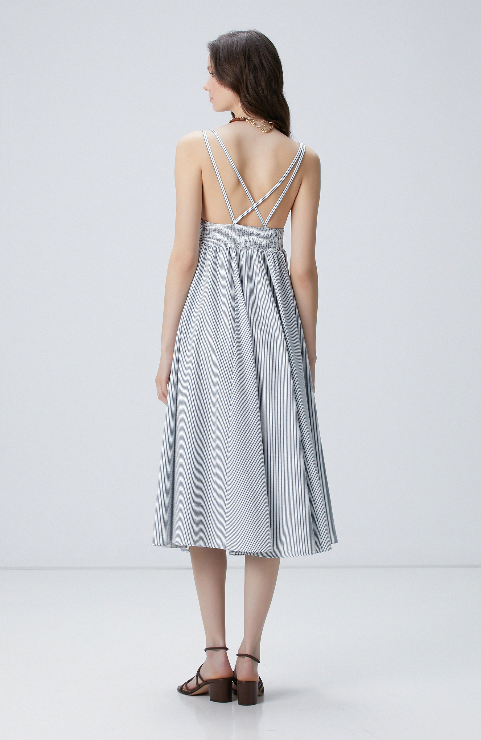 Lacivert Kırık Beyaz Çizgili Midi Elbise