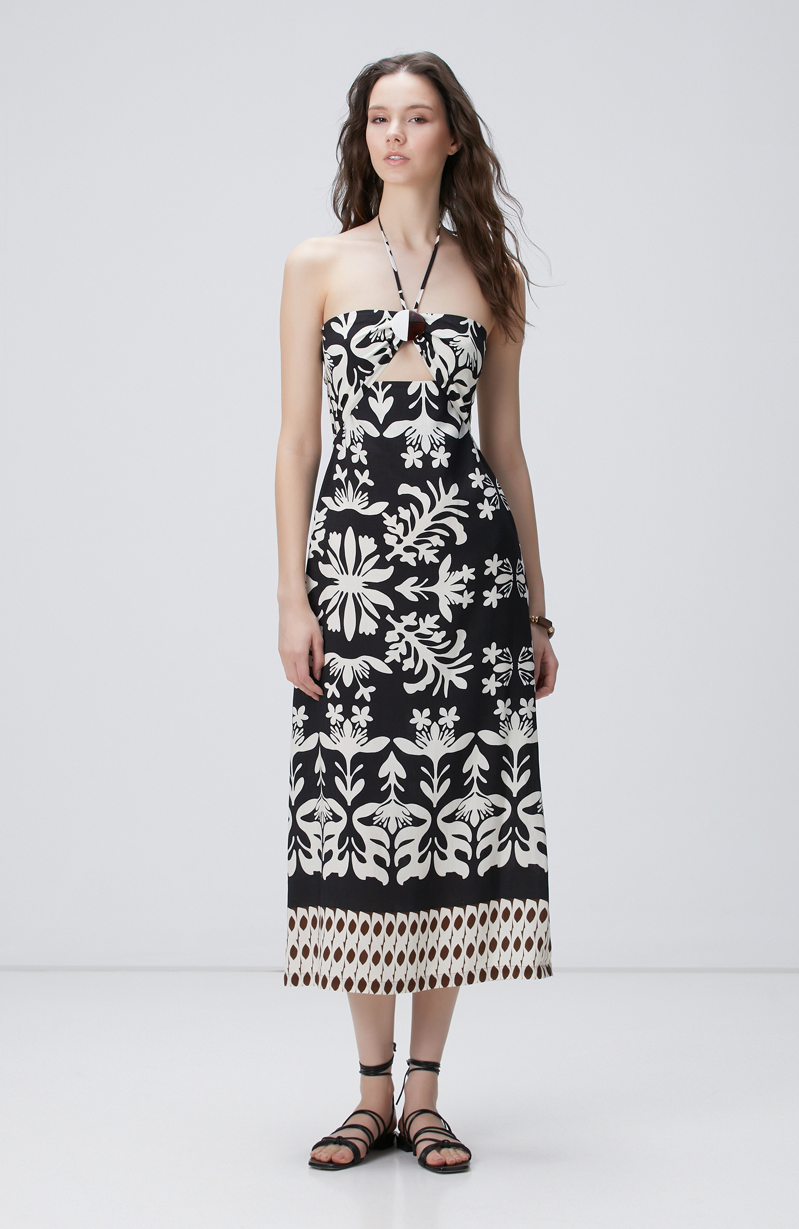 Siyah Beyaz Desenli Keten Midi Elbise