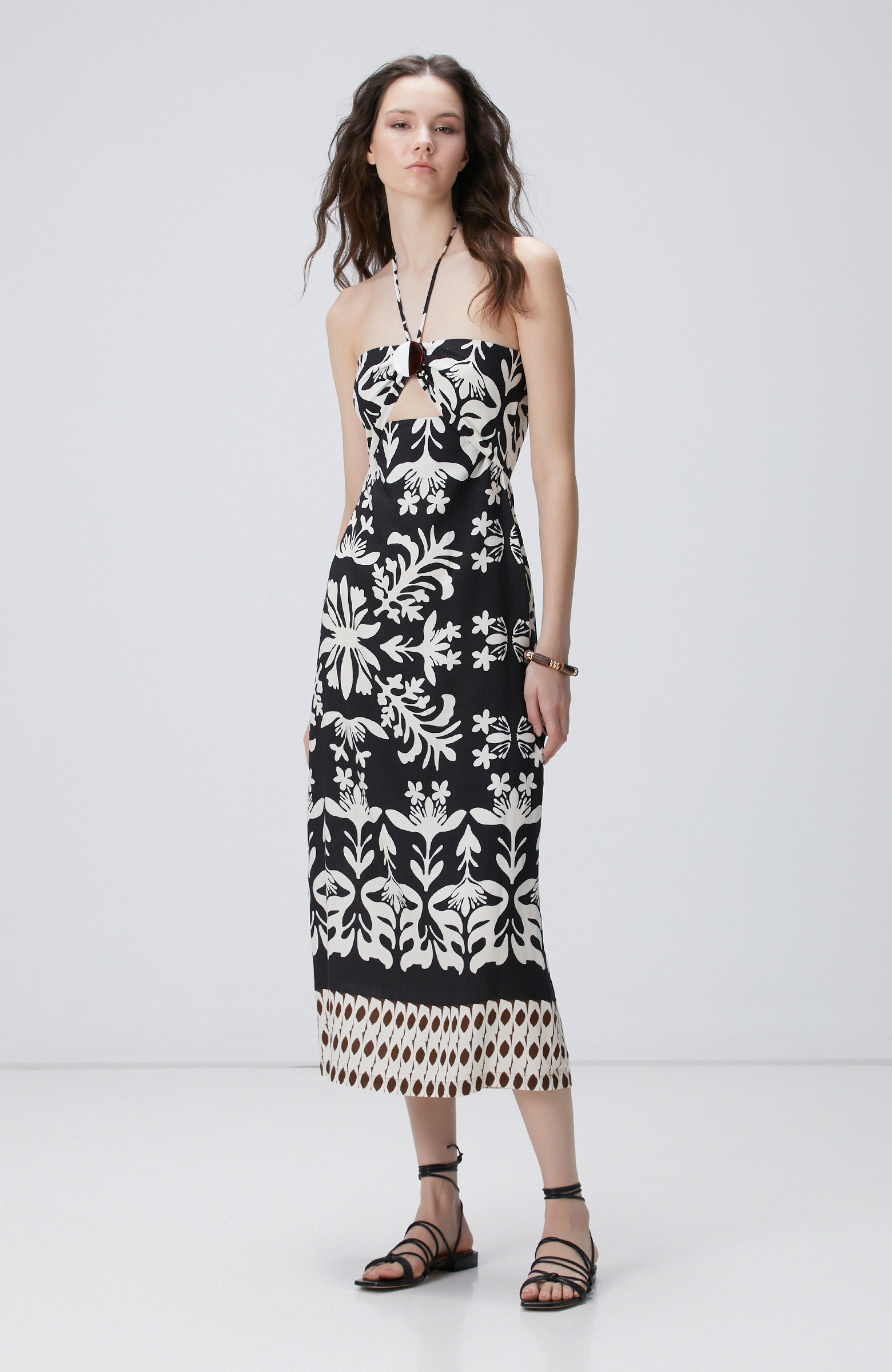 Siyah Beyaz Desenli Keten Midi Elbise