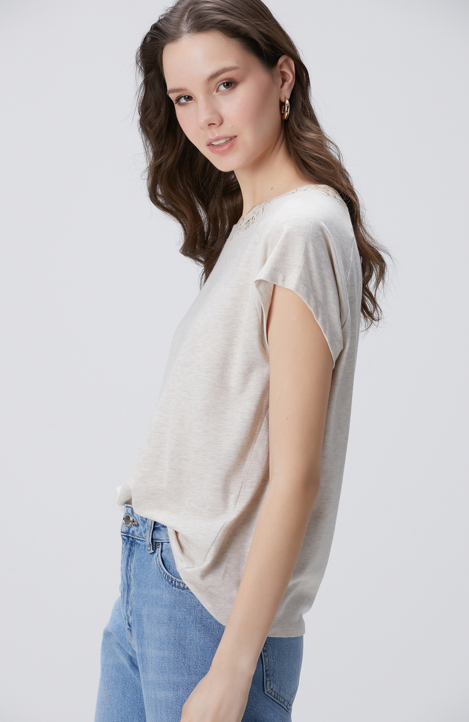 Bej Melanj Varak Baskılı T-shirt