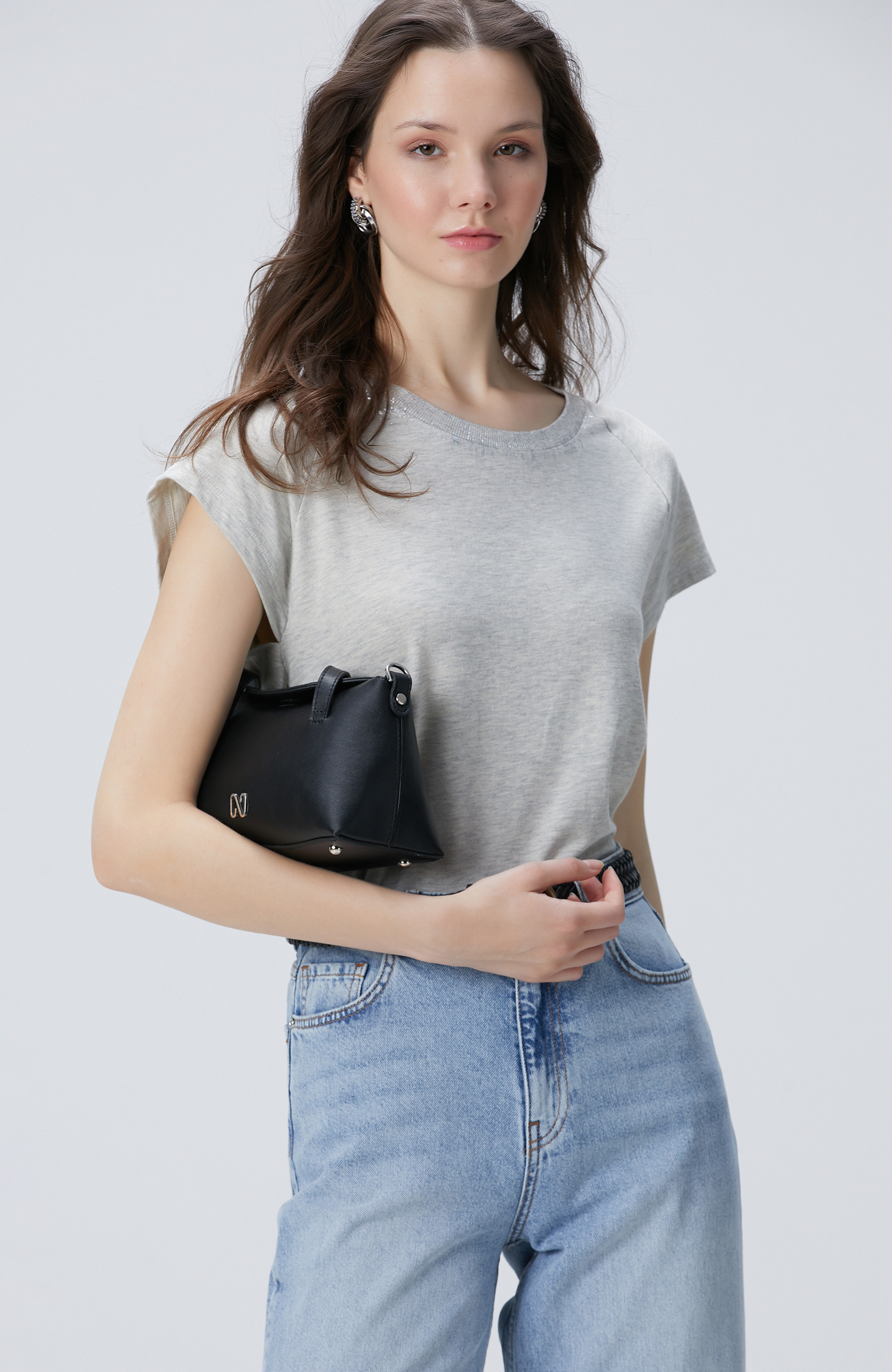 Gri Melanj Varak Baskılı T-shirt