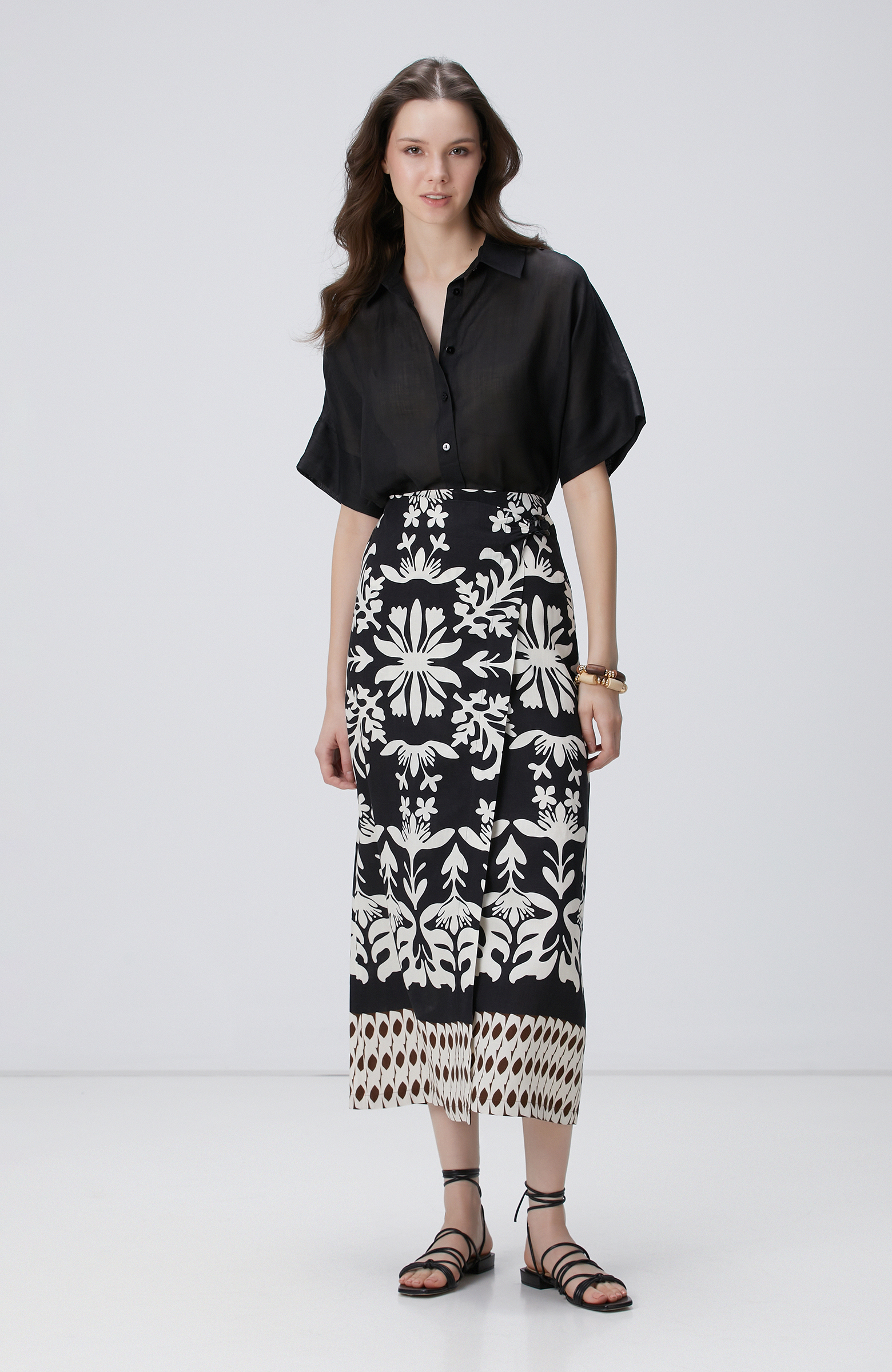 Siyah Beyaz Midi Keten Etek