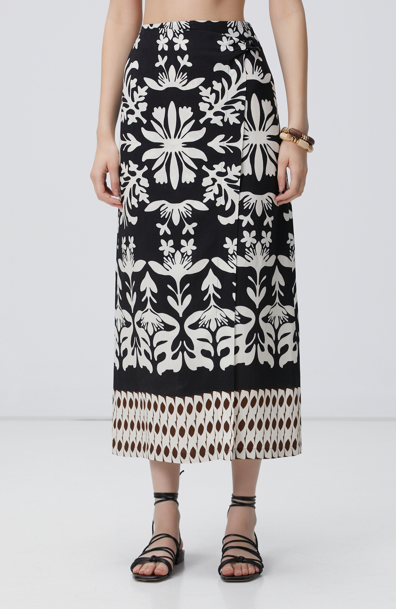 Siyah Beyaz Midi Keten Etek