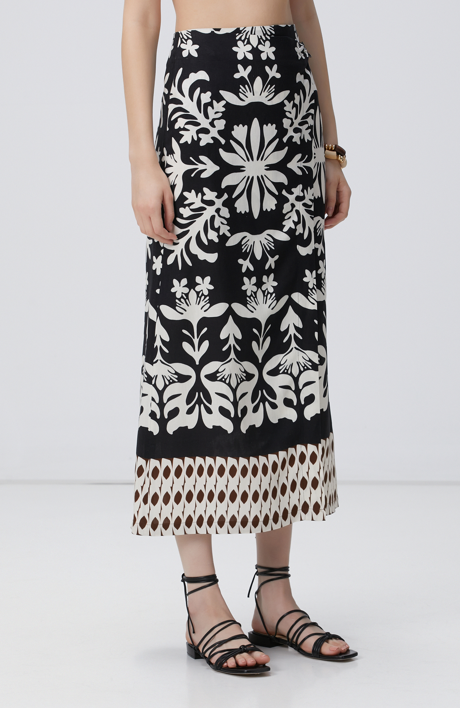 Siyah Beyaz Midi Keten Etek