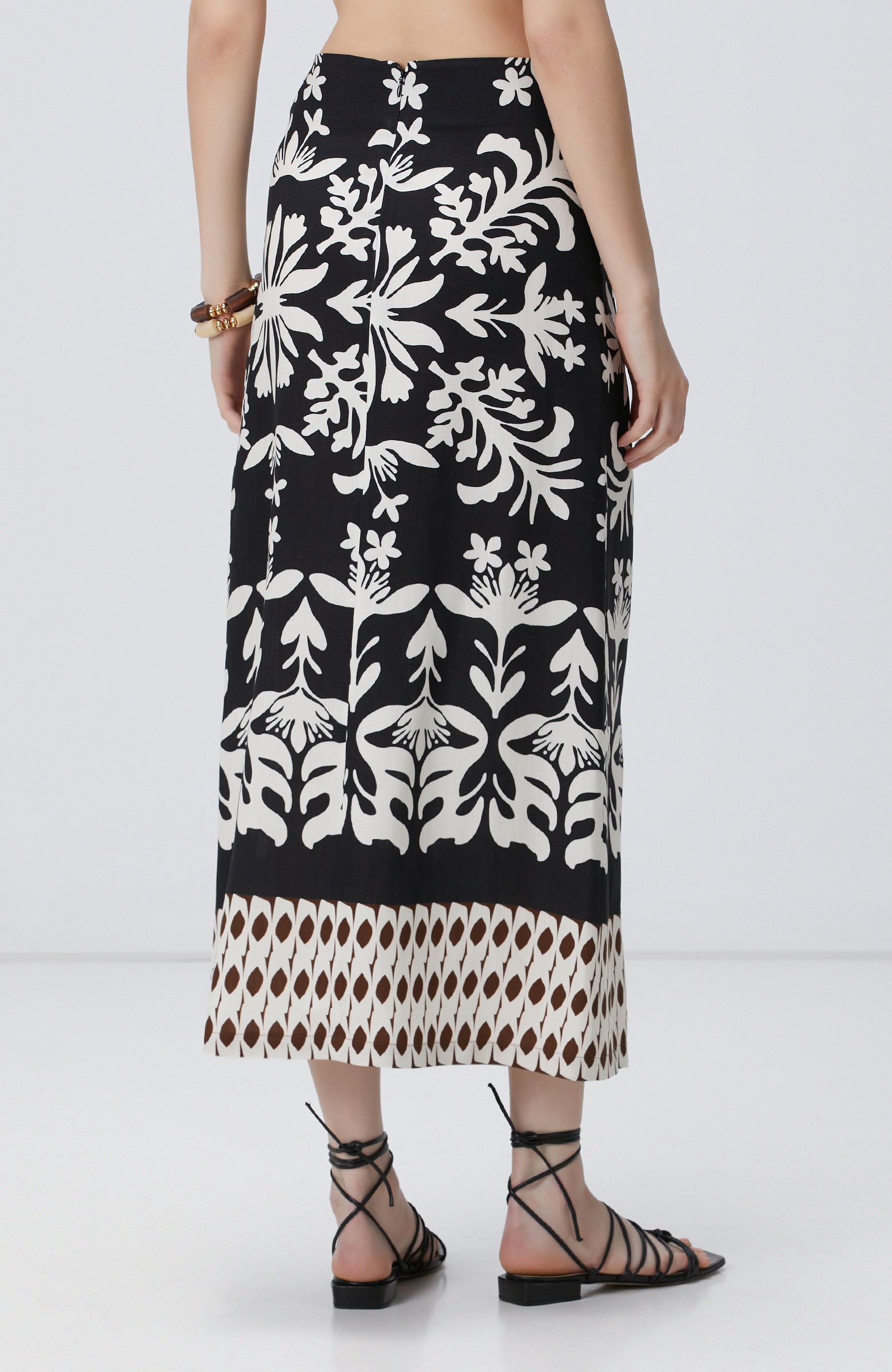 Siyah Beyaz Midi Keten Etek