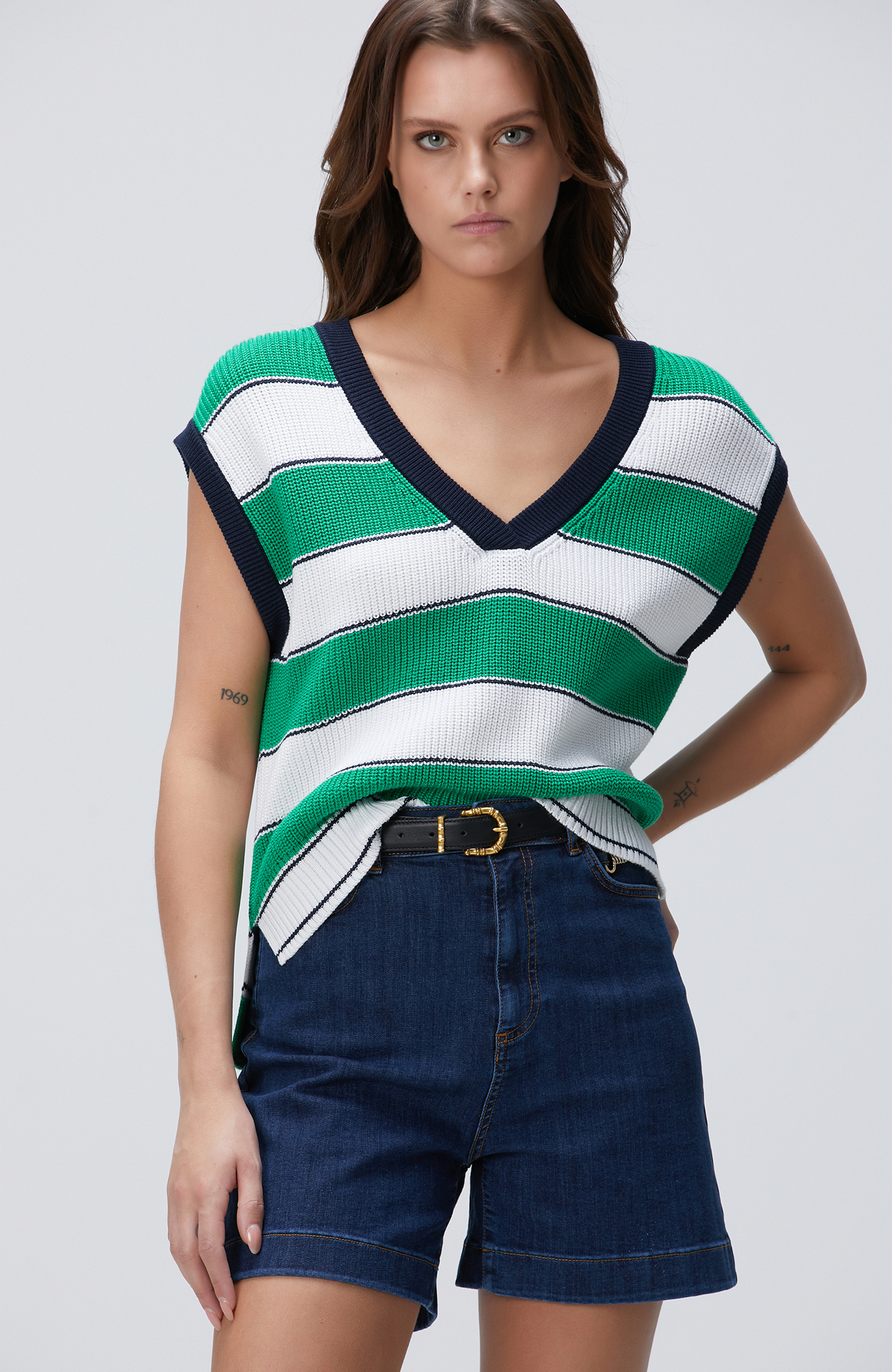 Yeşil Beyaz Çizgili Süveter