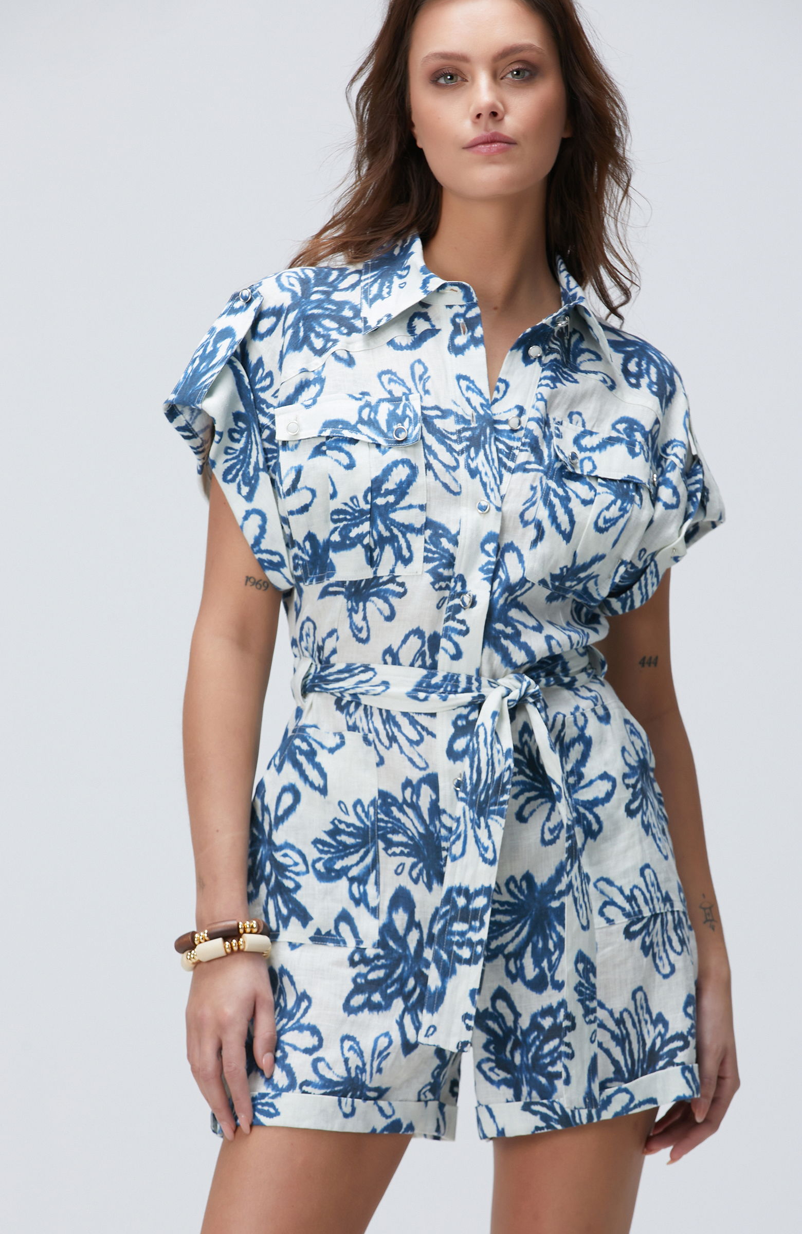 Mavi Desenli Keten Tulum