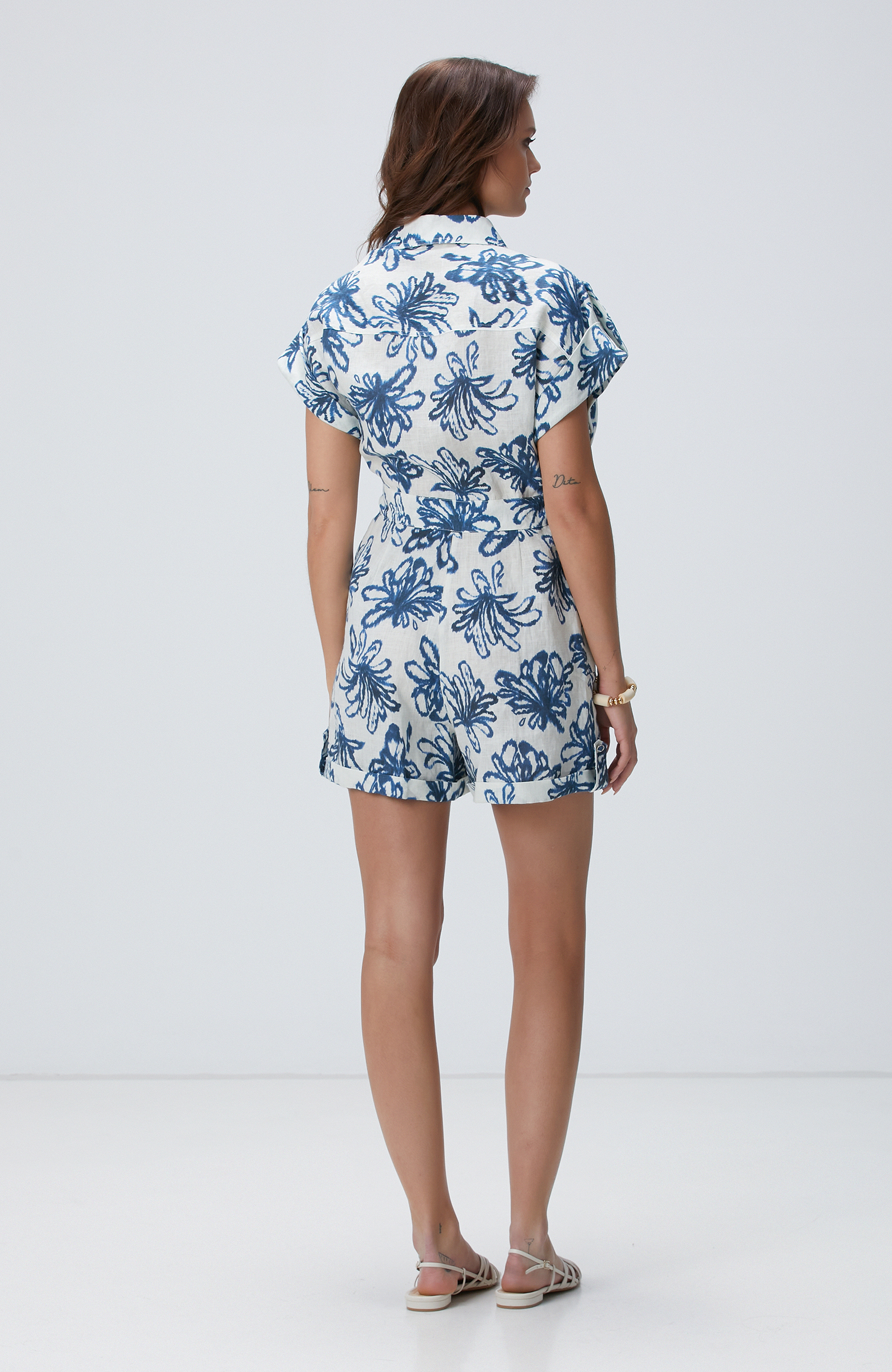 Mavi Desenli Keten Tulum