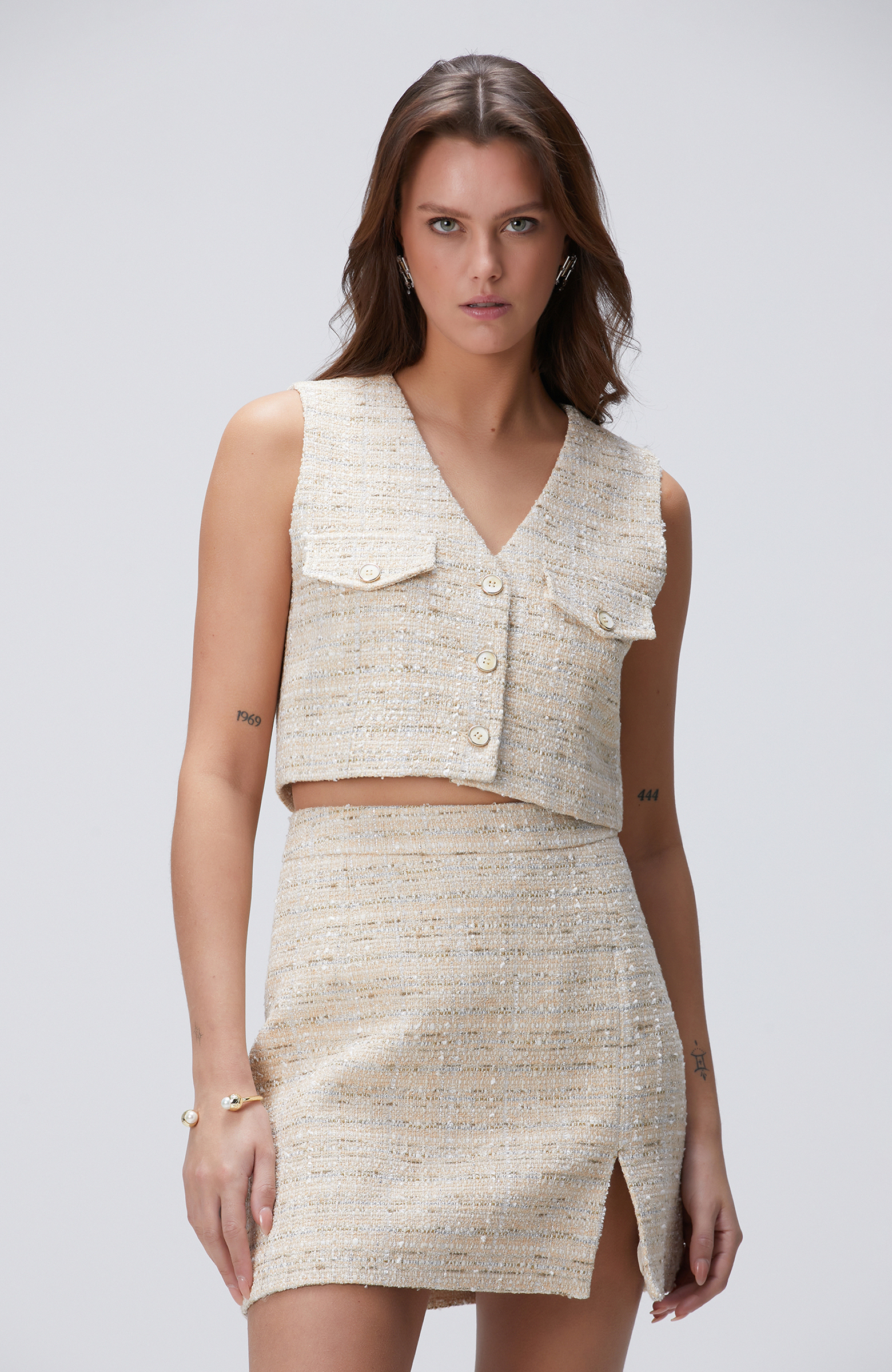 Limited Açık Bej Tweed Desenli Yelek