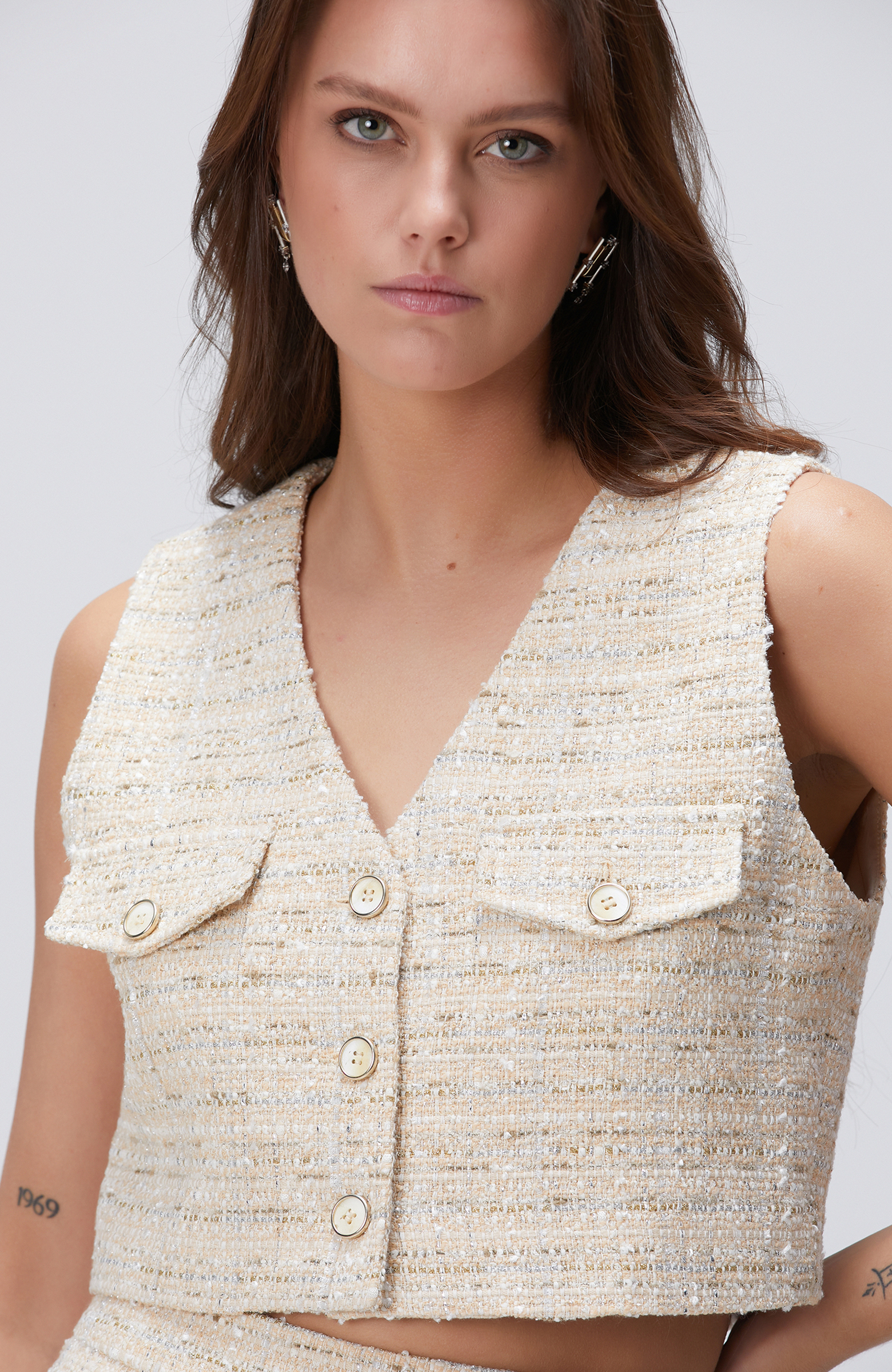 Limited Açık Bej Tweed Desenli Yelek