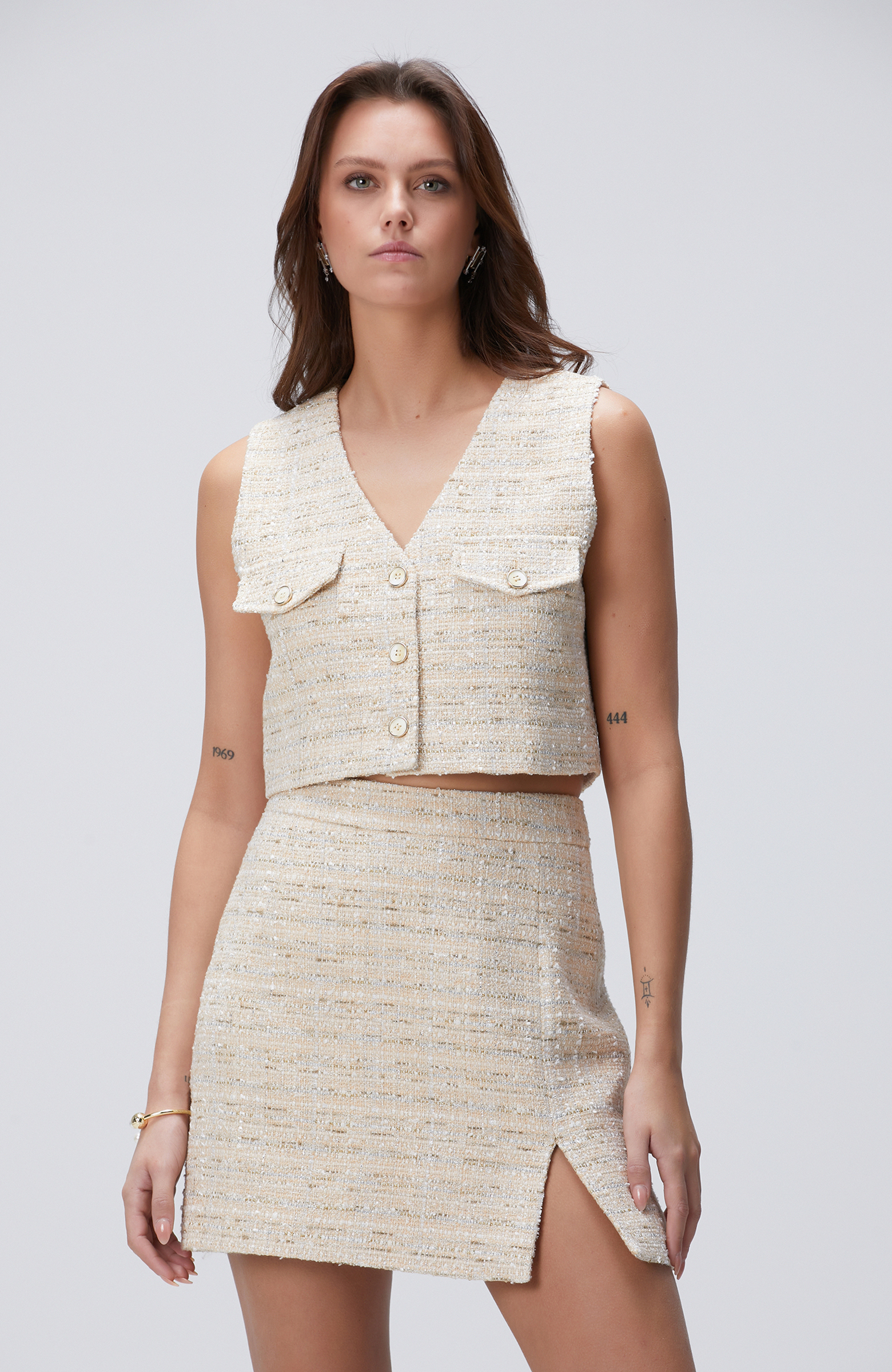 Limited Açık Bej Tweed Desenli Yelek