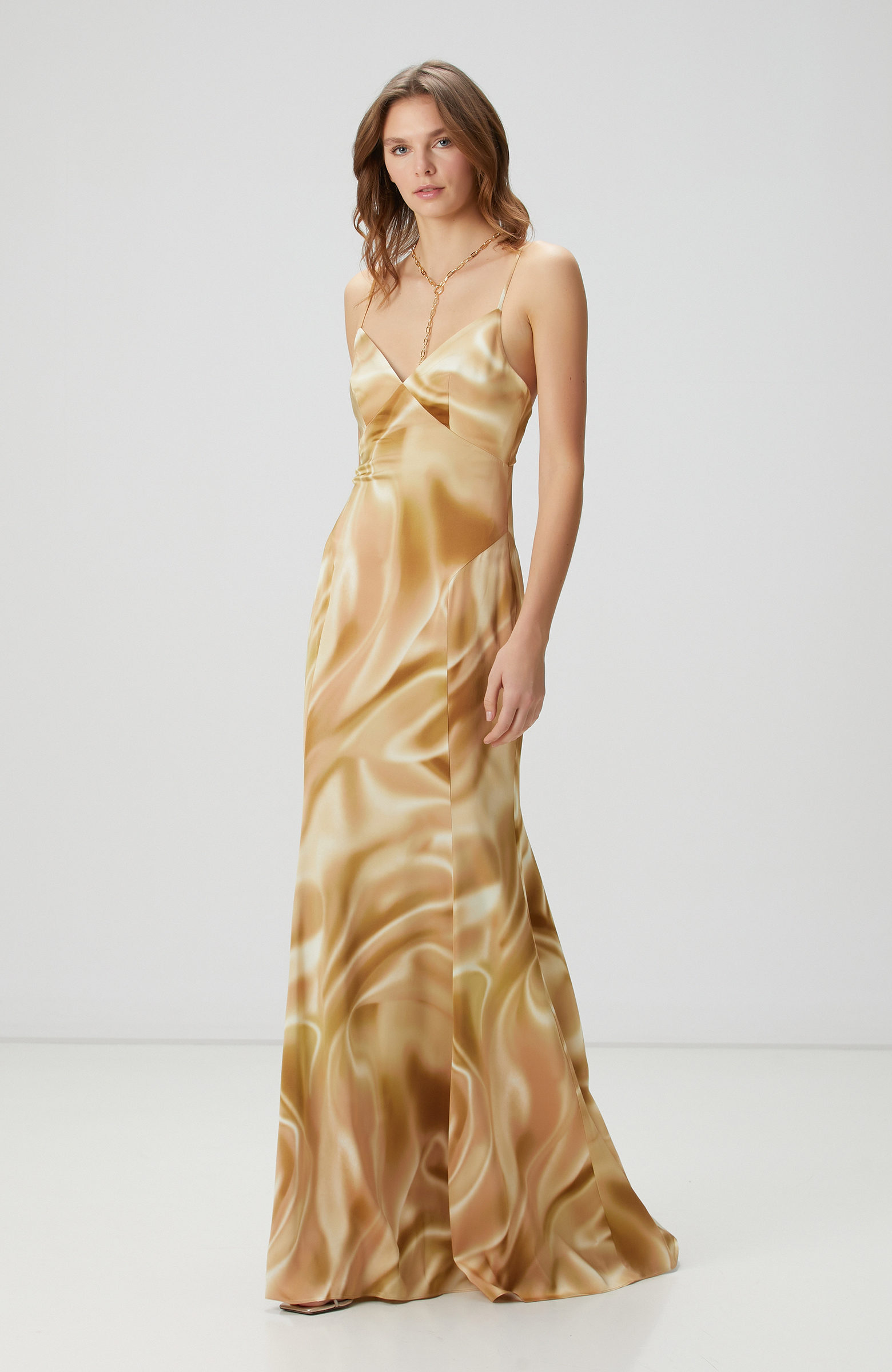 Bej Desenli Maksi Abiye Elbise