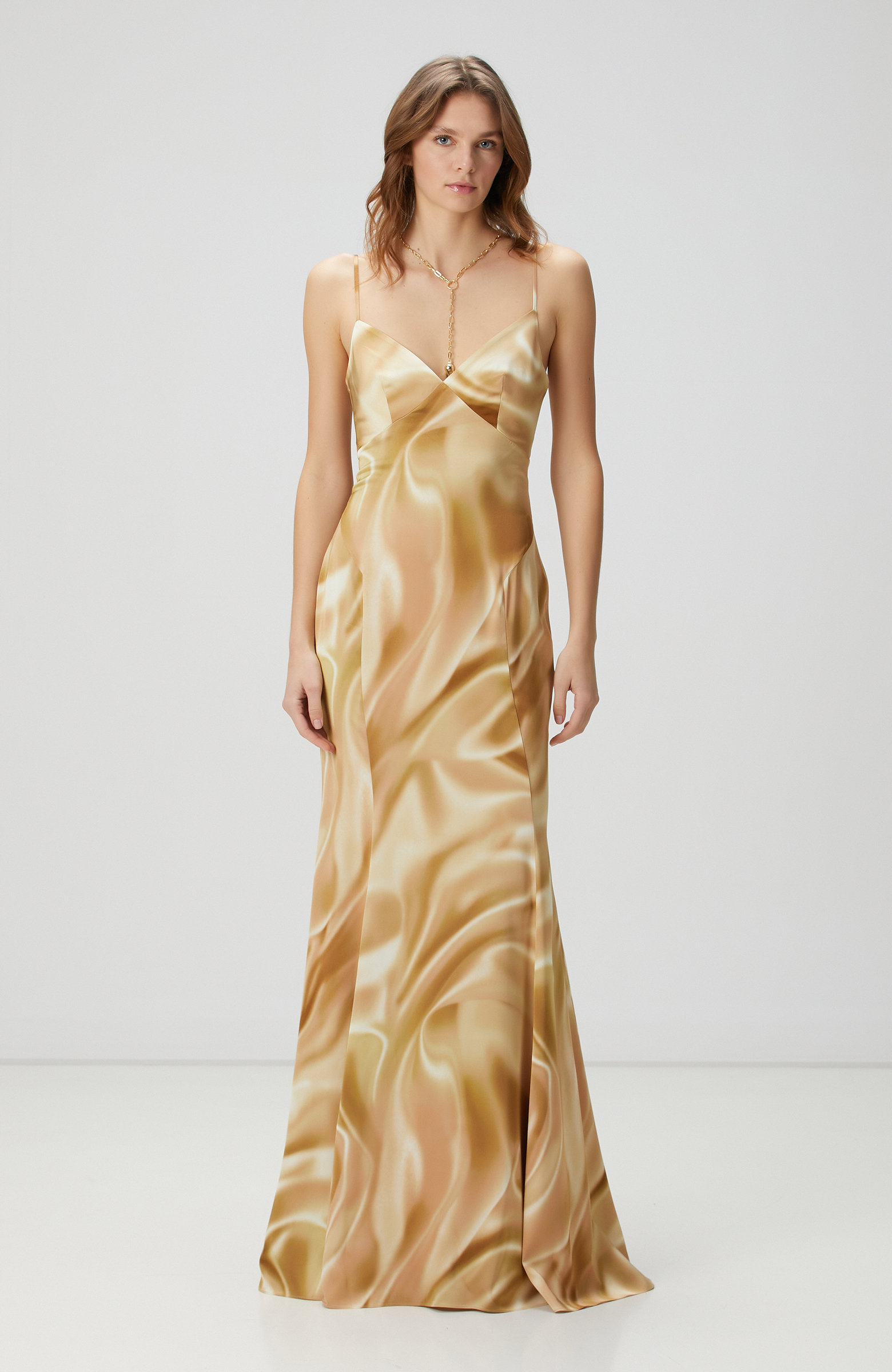 Bej Desenli Maksi Abiye Elbise