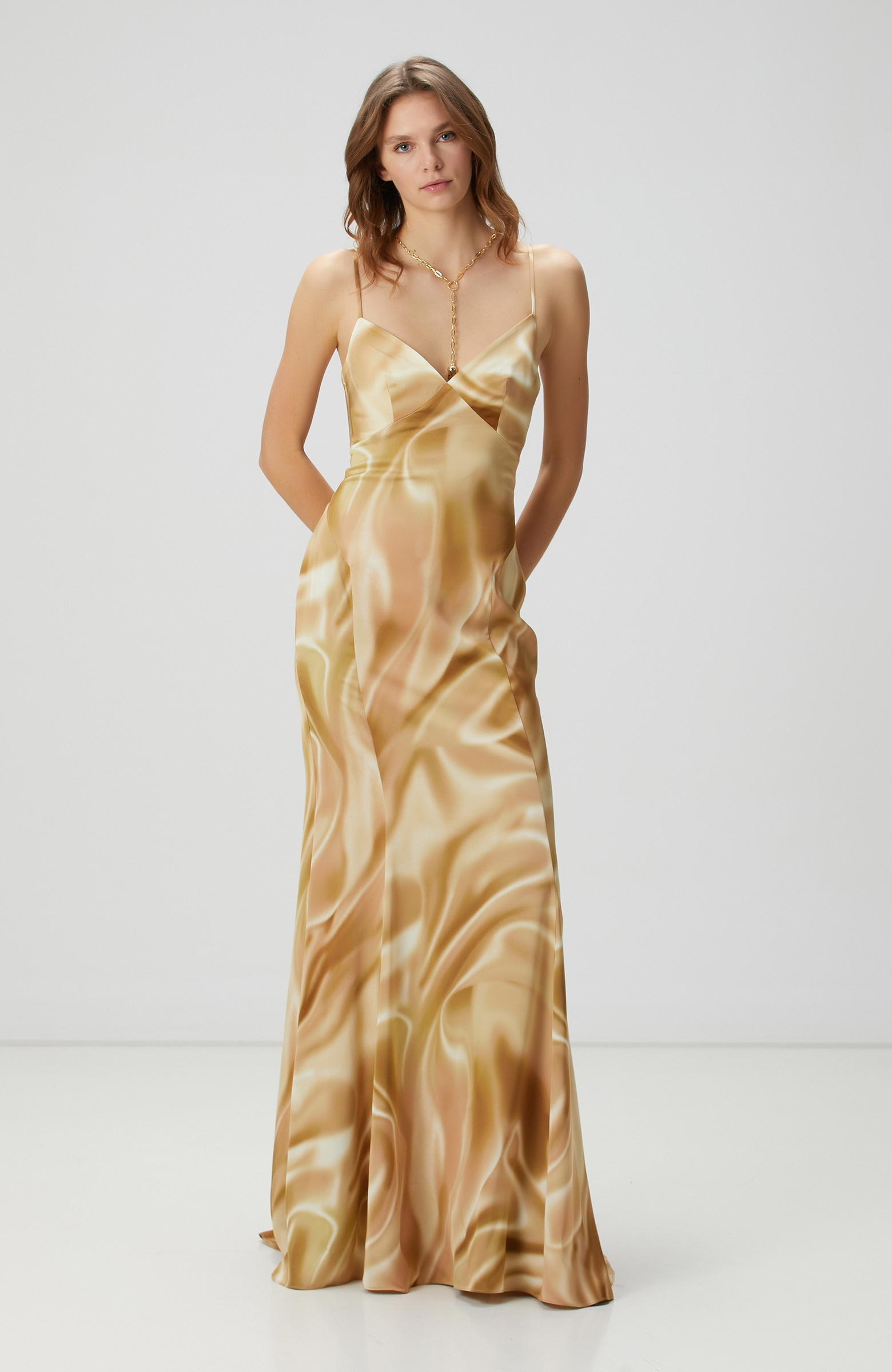 Bej Desenli Maksi Abiye Elbise