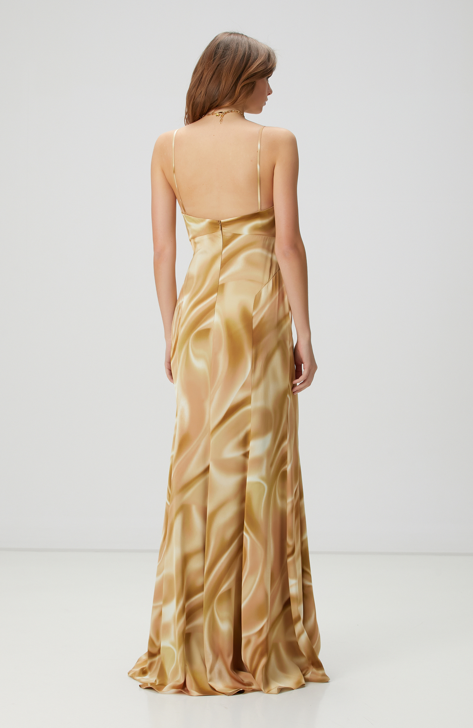 Bej Desenli Maksi Abiye Elbise