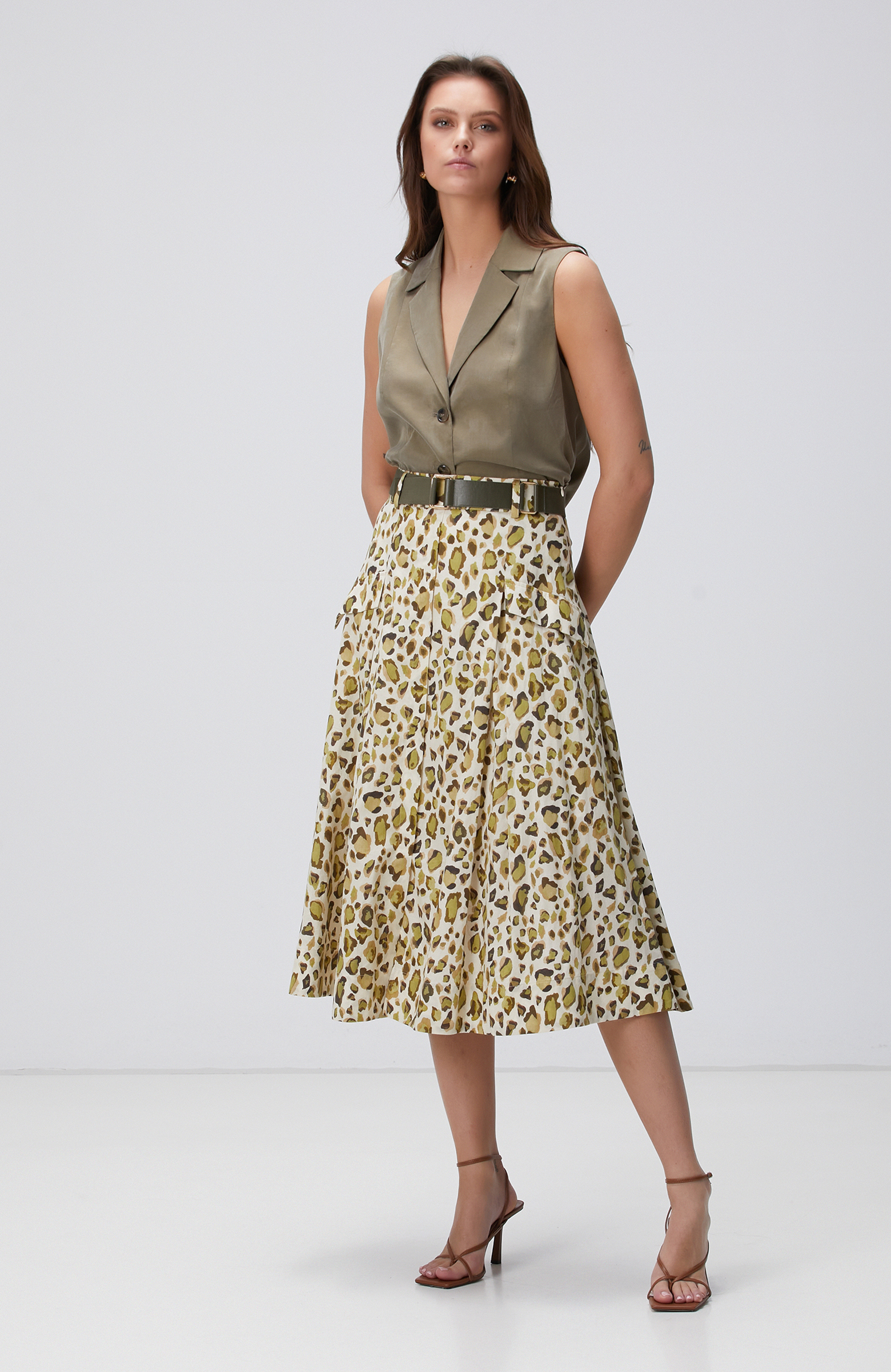 Yeşil Desenli Midi Etek