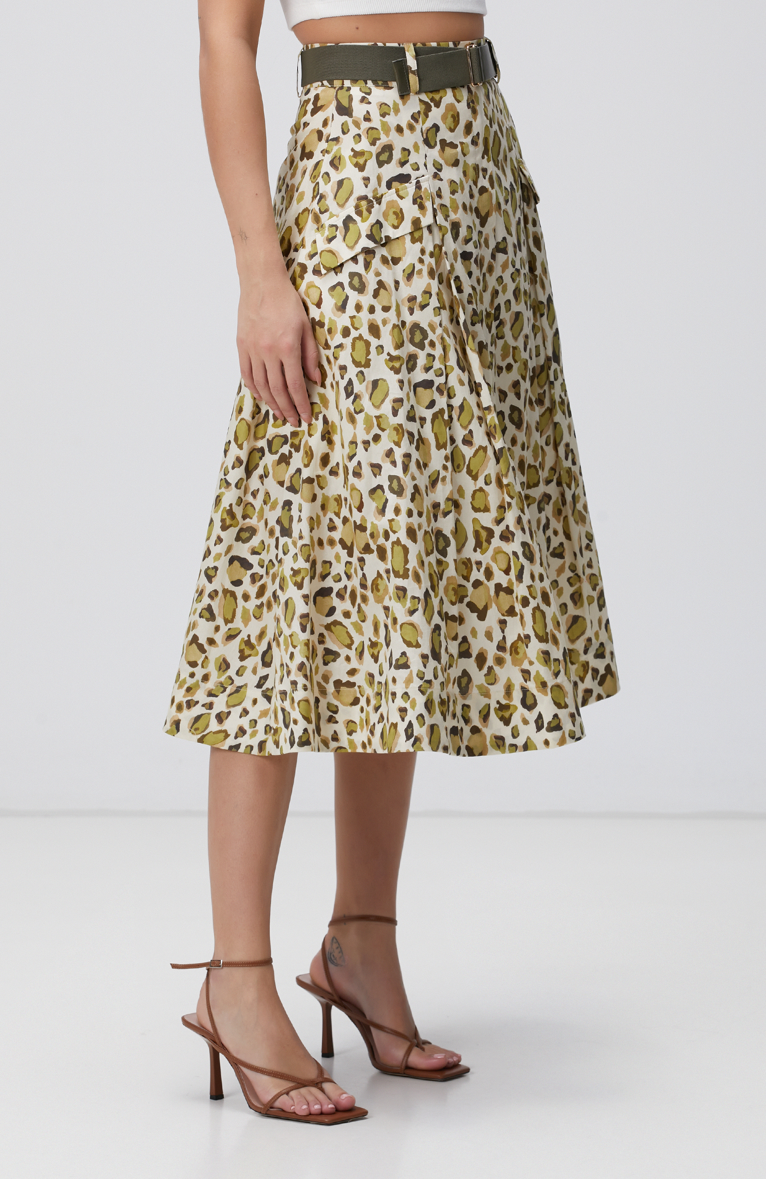 Yeşil Desenli Midi Etek