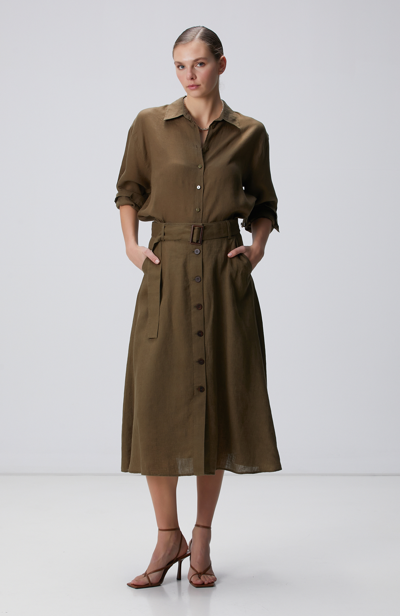 Haki Midi Keten Etek