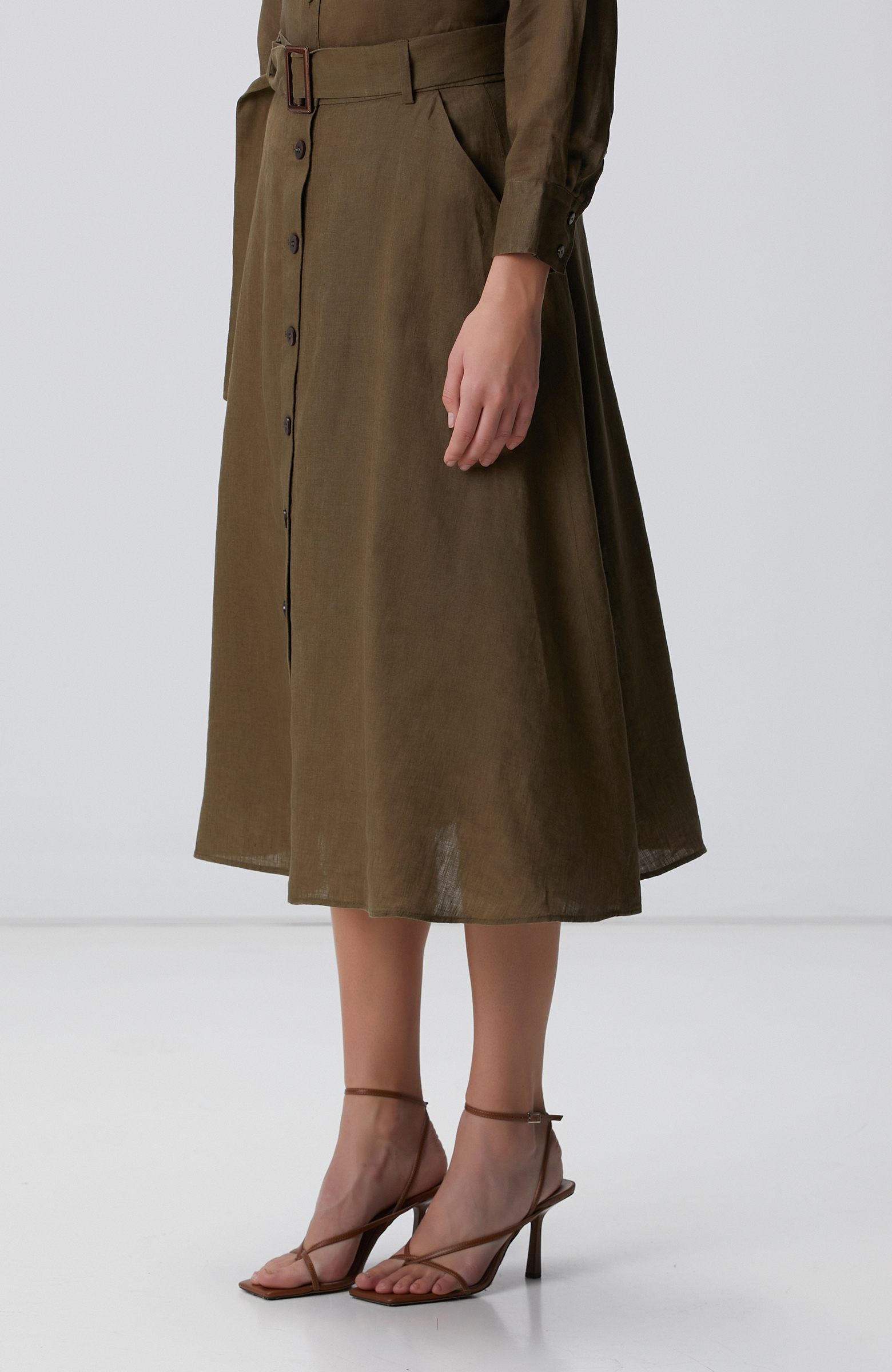 Haki Midi Keten Etek