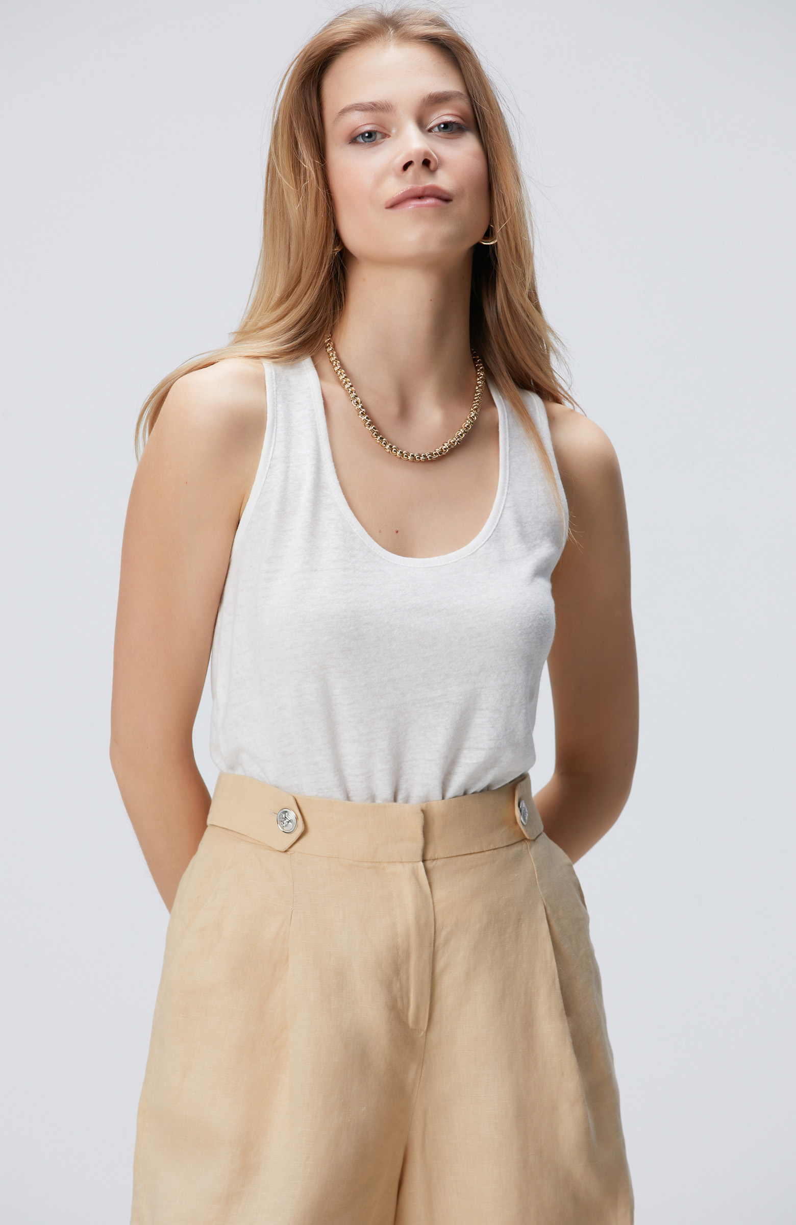 Kırık Beyaz Keten Mix T-shirt