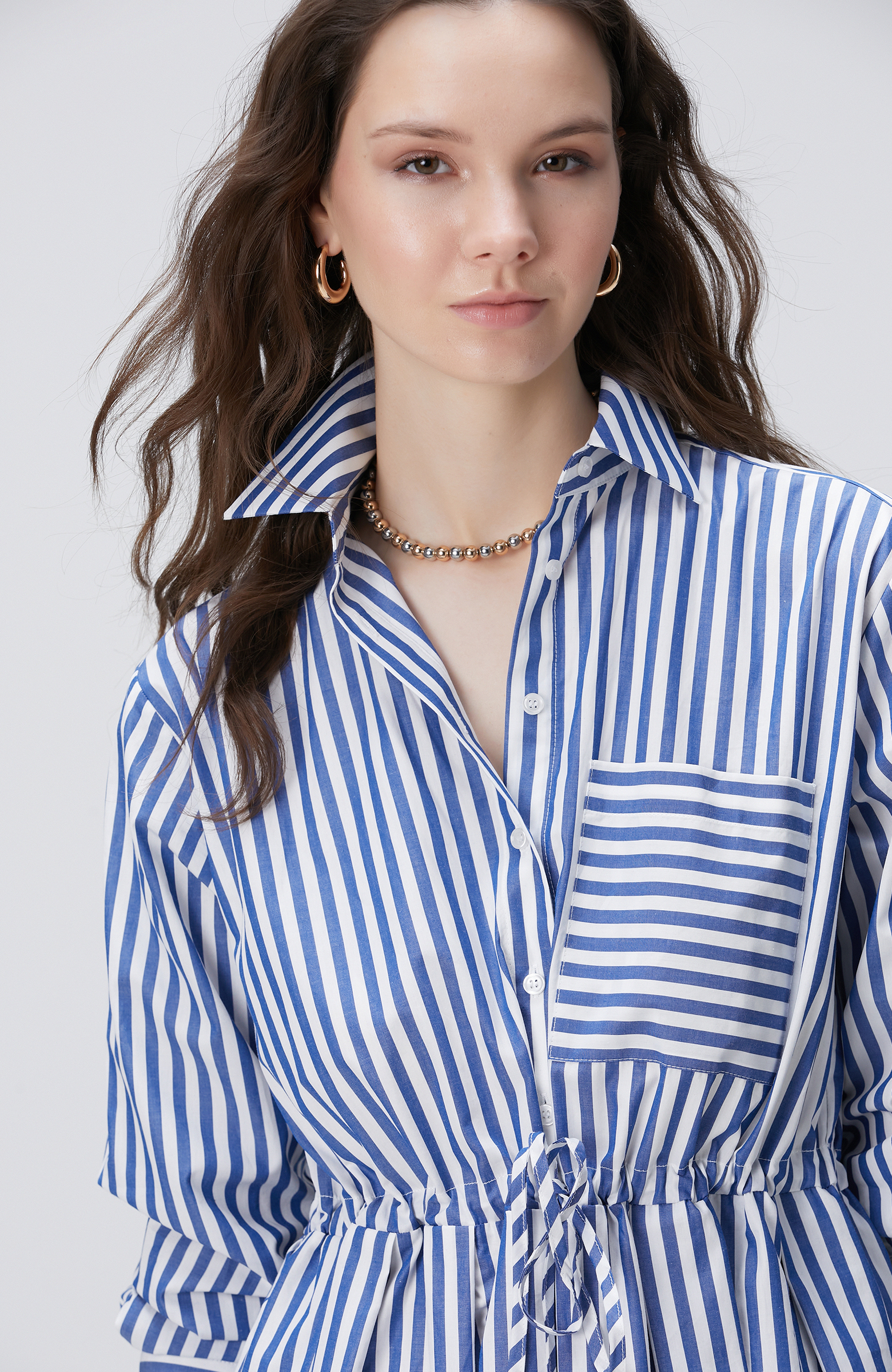 Mavi Beyaz Kısa Gömlek Elbise