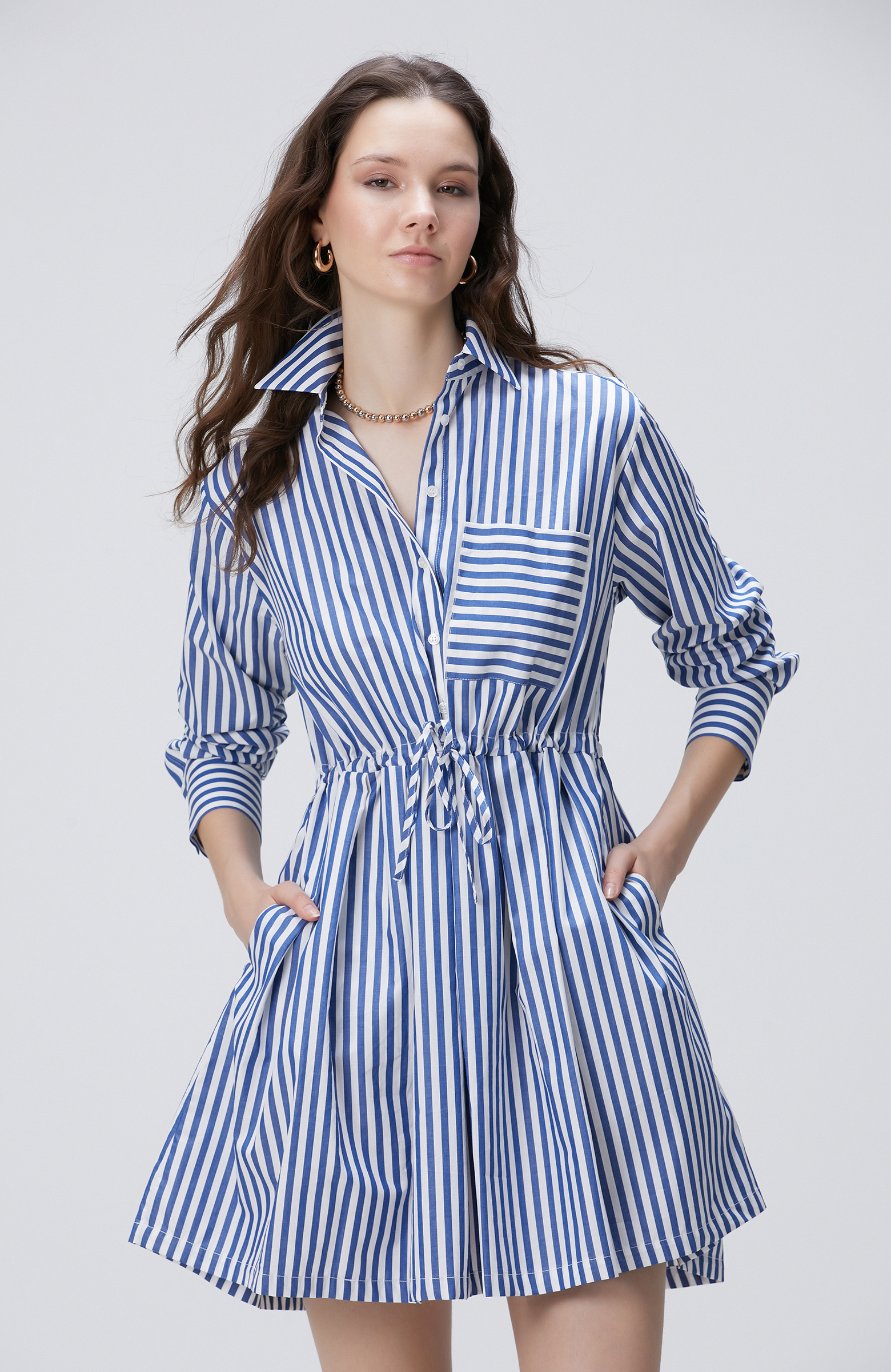 Mavi Beyaz Kısa Gömlek Elbise